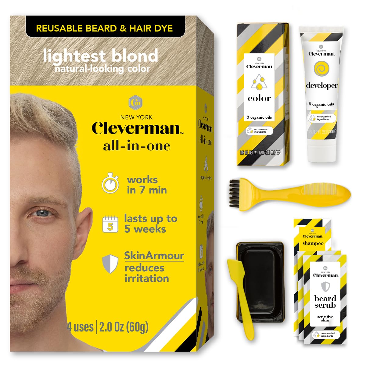 Cleverman Hair and Beard Dye for Men - All-in-One Set - Colour for Men for Natural Coverage Against Grey Hair, Professional Quality, No Ammonia, for Concealing Grey Hair, Beard
