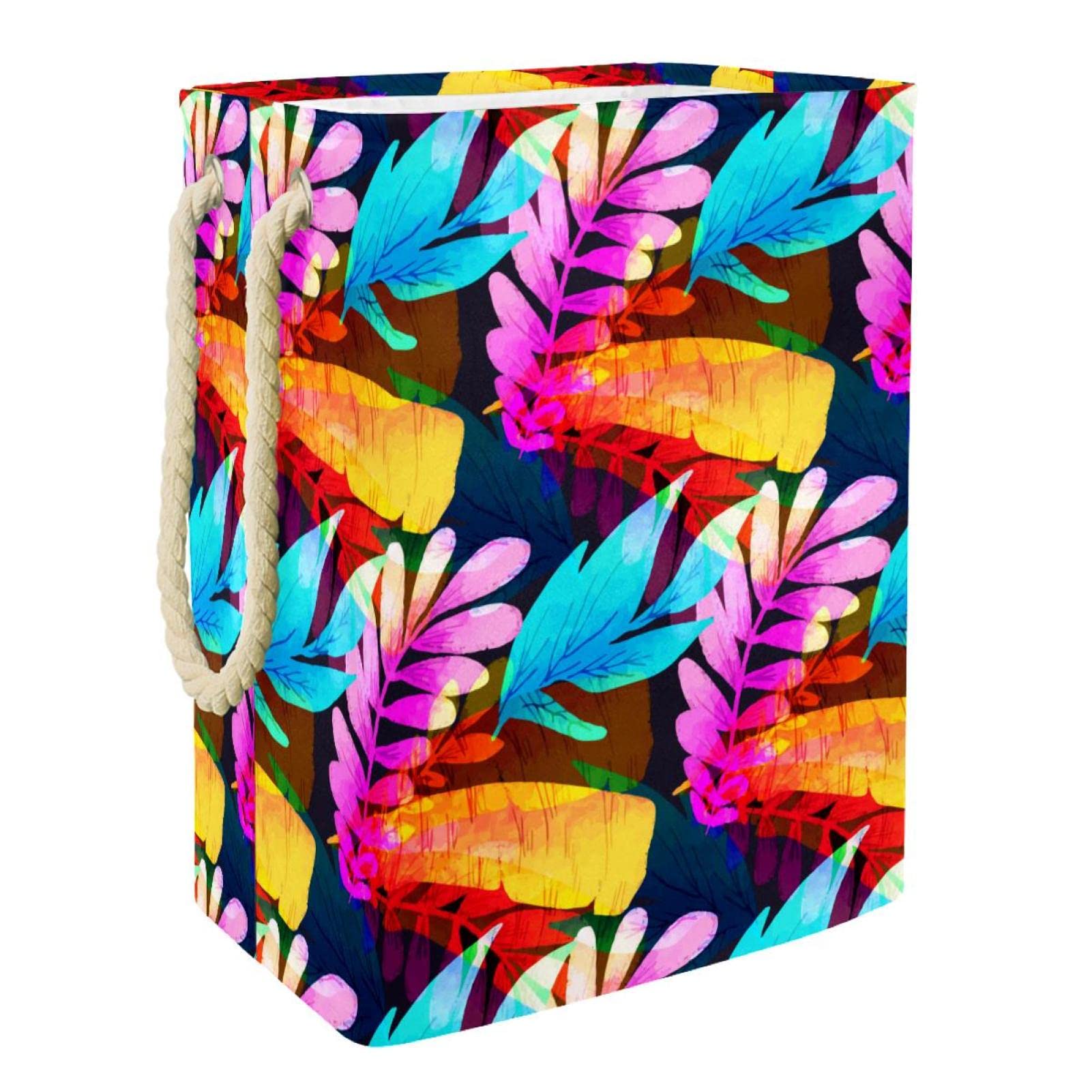 Grand panier à linge personnalisé avec poignées motif feuilles tropicales