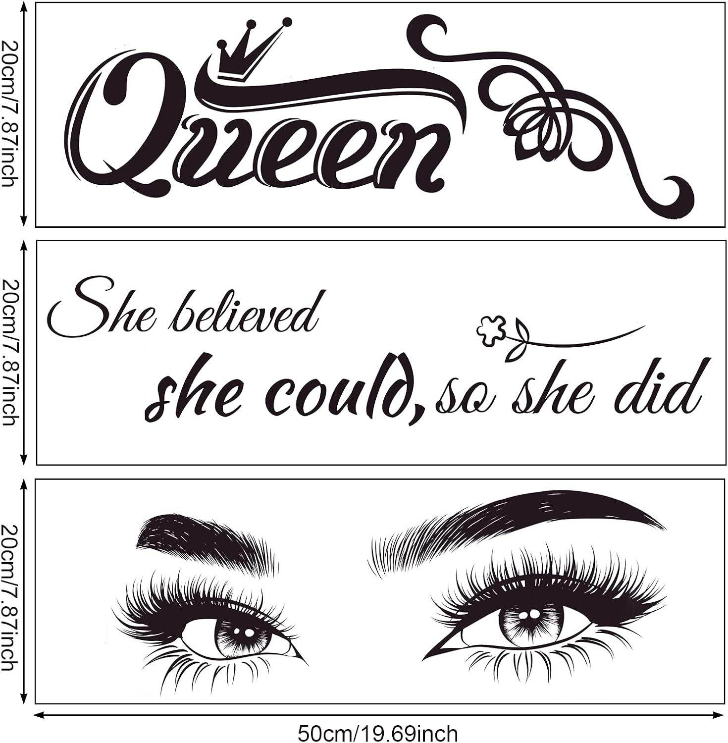 3 Sheets Eyes Wall Decals Inspirational Quote She Believed She Could So She Did Sticker, Removable Vinyl Sticker Beauty Eyelash Wall Sticker Motivational Art Queen Decal for Room (Classic Style)