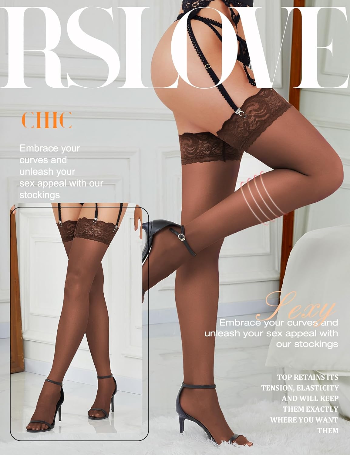 RSLOVE Women's Lace Top Thigh High Sheer Stockings Antiskid Silicone Ultra Shimmery Pantyhose - Image 2