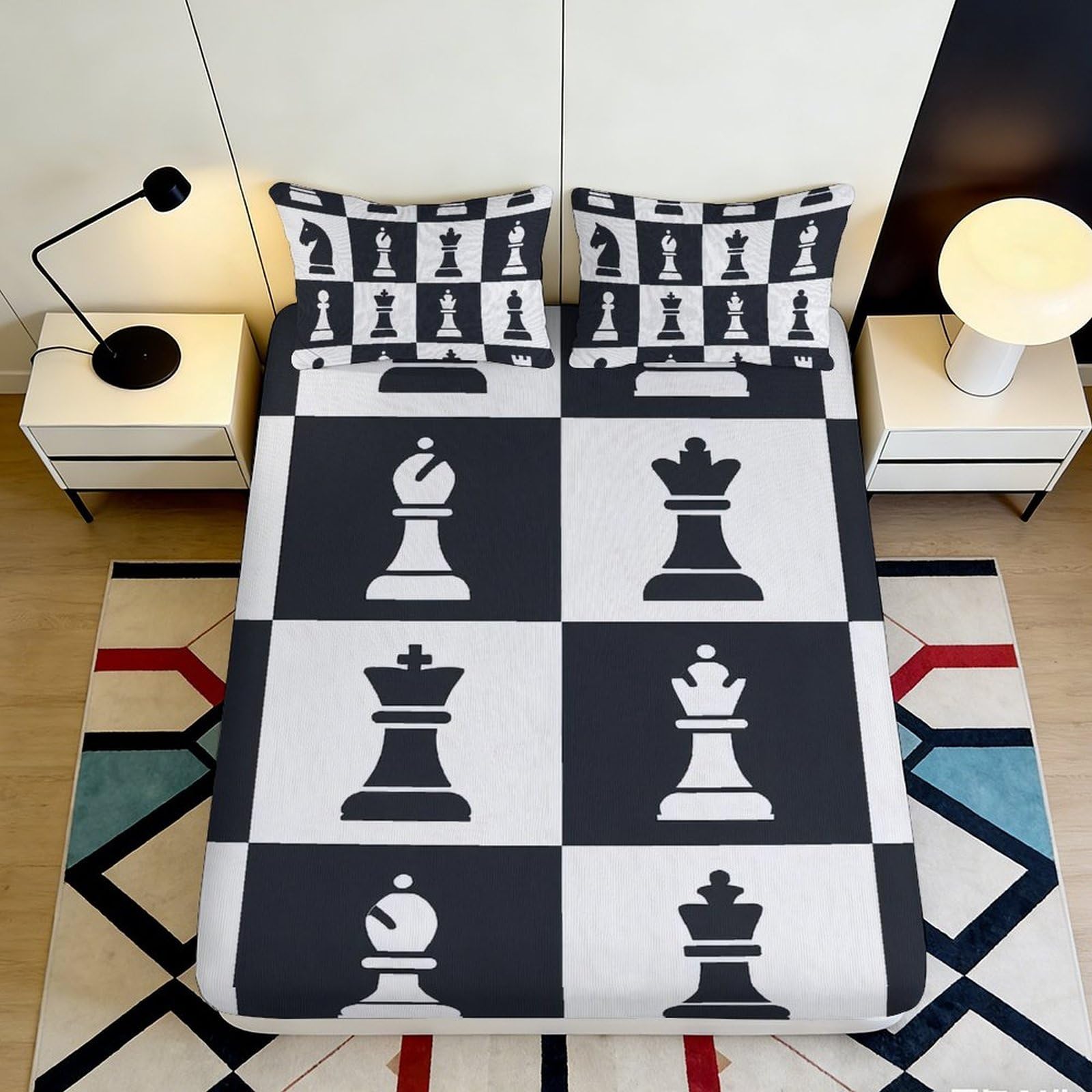 3D Printed Chess Board Fitted Sheet Microfiber Soft Black White Chess Pieces Bed Cover for Bedroom Dorm Easy Care 90x200x25cm