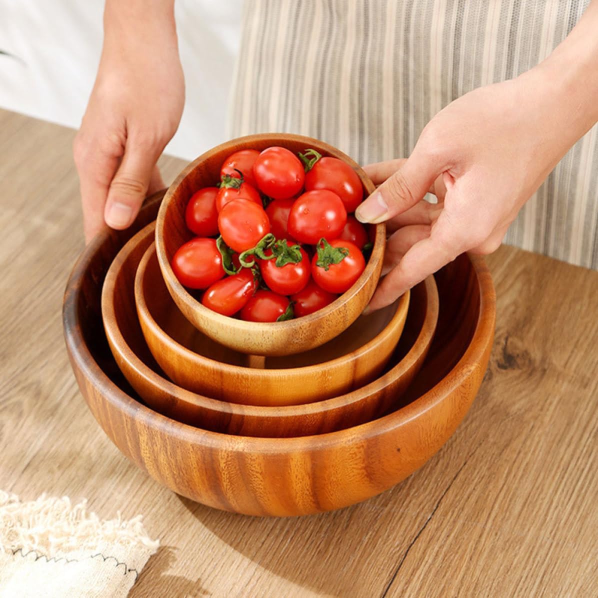 2pcs Japanese Style Flat Bottom Wooden Food Bowl Set for Salad