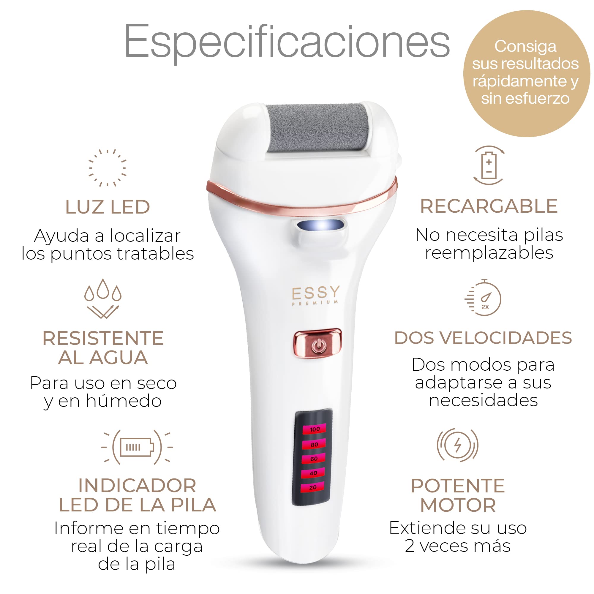 Essy Lima Eléctrica para Pies con 5 Rodillos de Repuesto – Removedor de Callos Recargable, 2 Velocidades, Pantalla LED, Carga USB, Kit de Pedicura (Blanco)