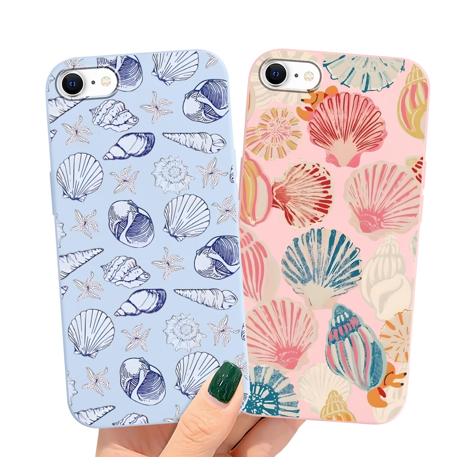 lioscre 2 Packs Ocean Shells Starfish Pattern Phone Case for iPhone 7/8 / SE 2020 / SE 2022 4.7", Cute Summer Aesthetic Funda with Liquid Silicone