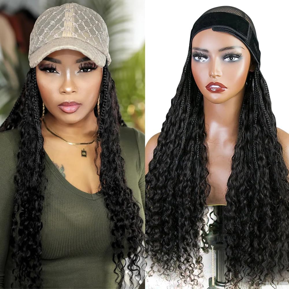 Boho Box Braids Band Wig With Human Hair Curly Ends Grab And Go Braided Hair Extensions For Women Natural Black Color 12 Inch