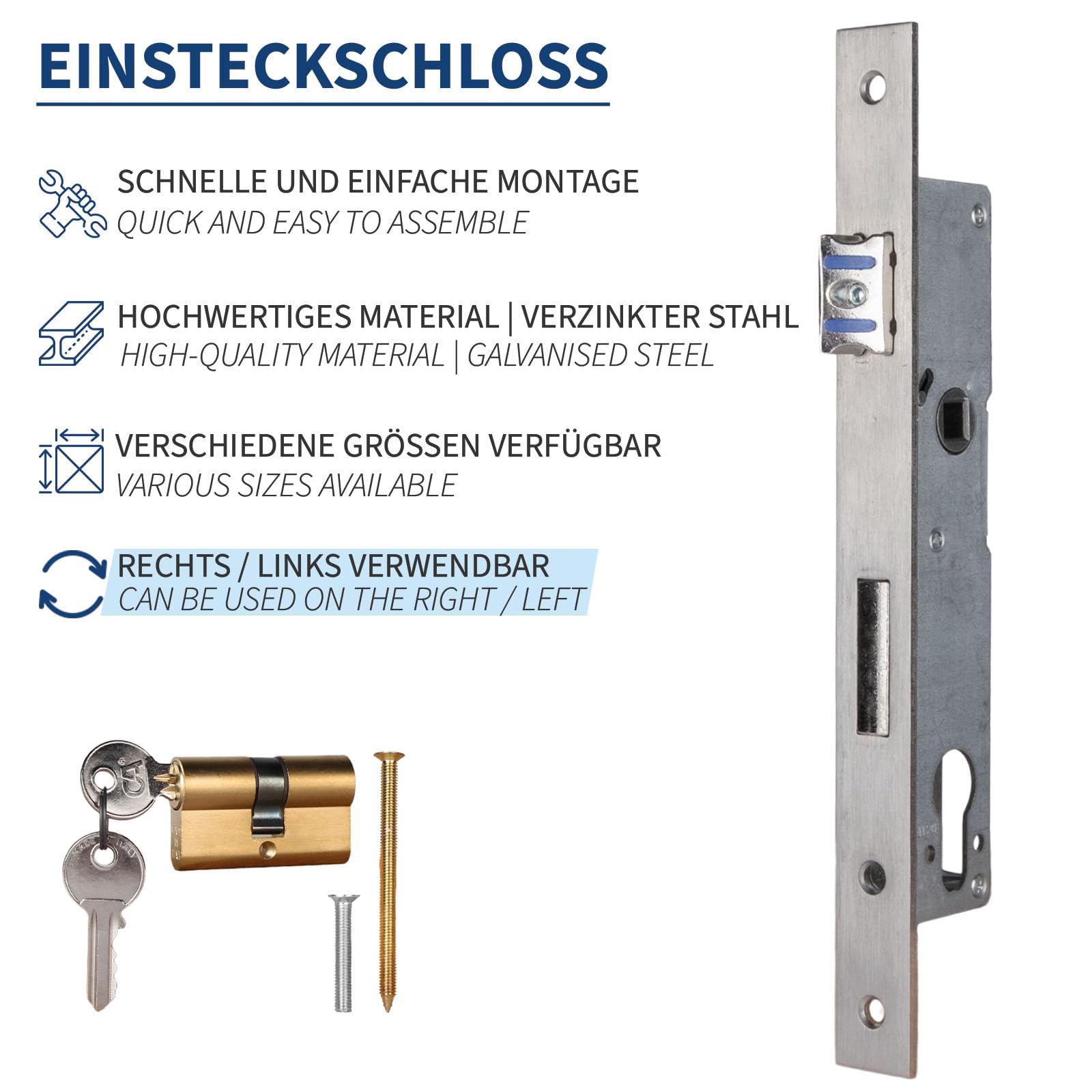 Einsteckschloss inkl. Profilzylinder für Drehtore - Dornmaß 20 mm, für