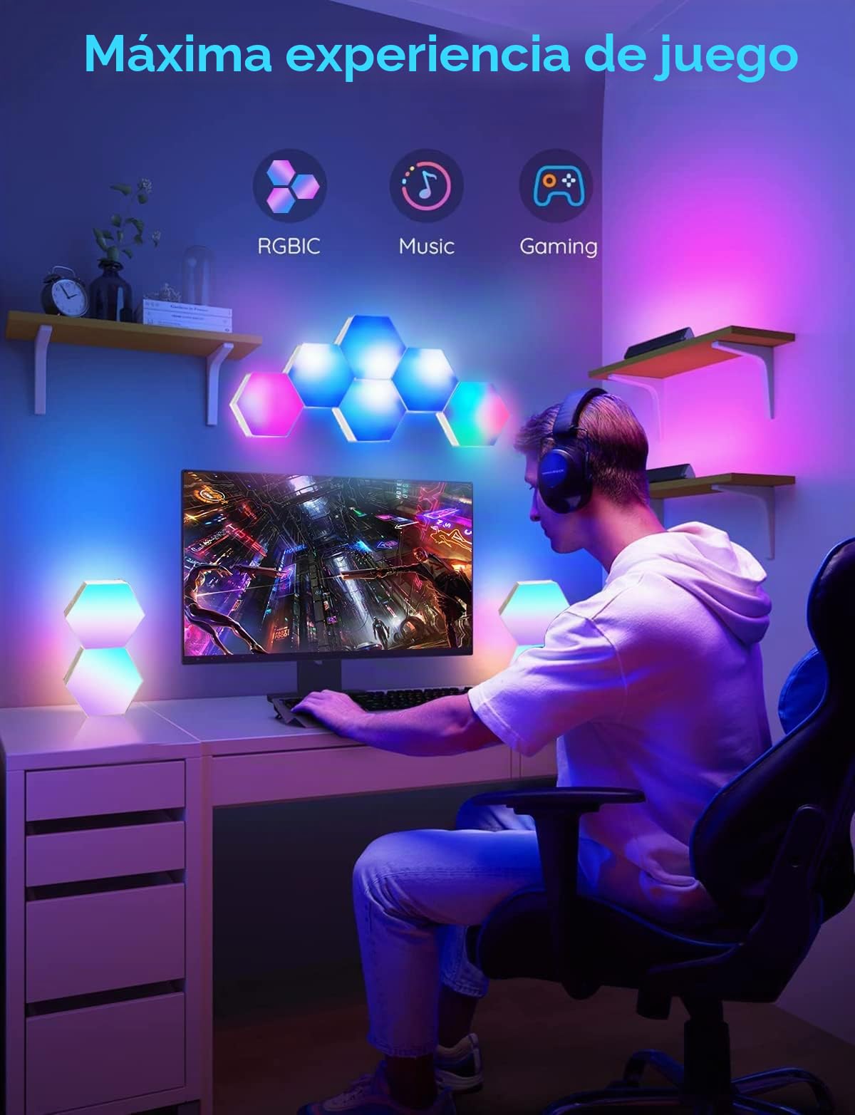 Luces LED Hexagonales, Panel LED RGB Lampara LED Pared App y Control Remoto, Paneles LED Luces Gaming Sincronizar con Música, Luces LED Habitación Geometría para Decoracion Gaming Salón,7 Paneles