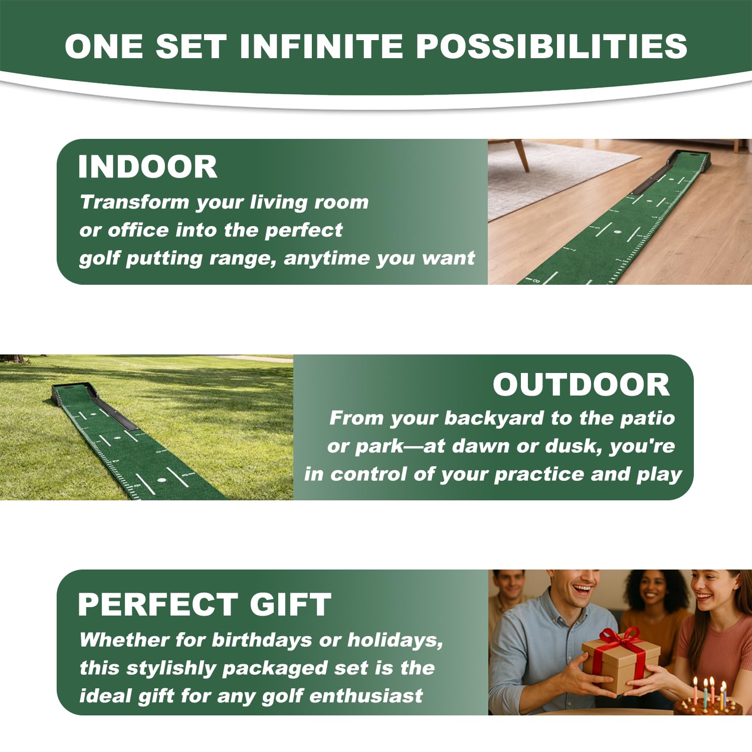 Golf Putting Mat Set mit Putting Green & 4 Golfbällen - 3.0 m Trainingshilfe Matte mit Ballrücklauf für Indoor & Hinterhof Übung - Tolles Geschenk für Golfer und Anfänger