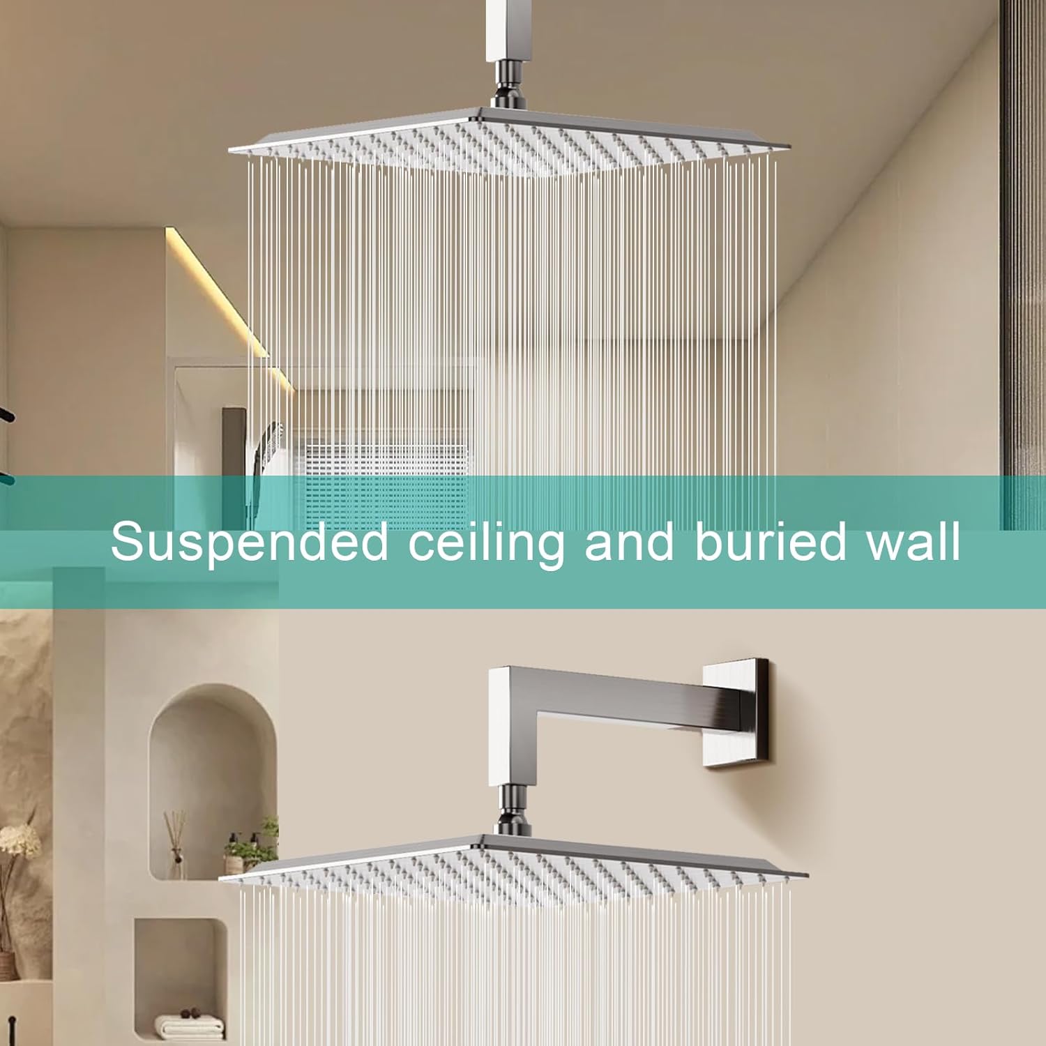 Square Rain Shower Head, High Flow Stainless Steel,Work with any decorative style，All Metal Rainfall Shower Head (Brushed Nickel, 12)