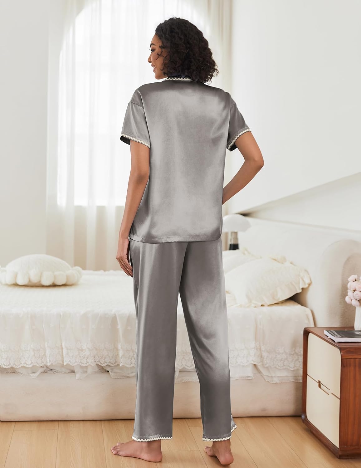 Ekouaer Silk Pajamas for Women Set Satin Two Piece Pjs Sets Ric Rac Trim Contrast Loungewear - Image 5