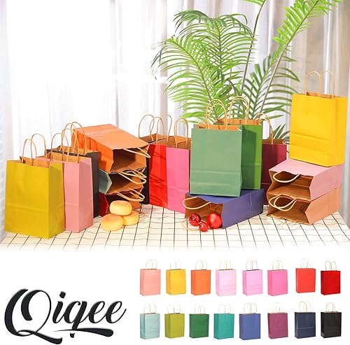 Miniatura 6 de Paquete de 100 bolsas de regalo de papel con asas a granel de 8.26 x 6 x 3.15 pulgadas, tamaño pequeño, 16 bolsas de colores diferentes con mango de