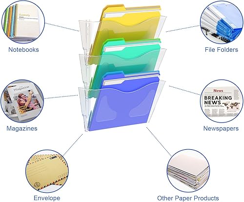 Miniatura 4 de samstar Paquete de 3 soportes para archivos de pared de acrílico transparente, organizador de archivos para colgar en la pared, bolsillo de pared,