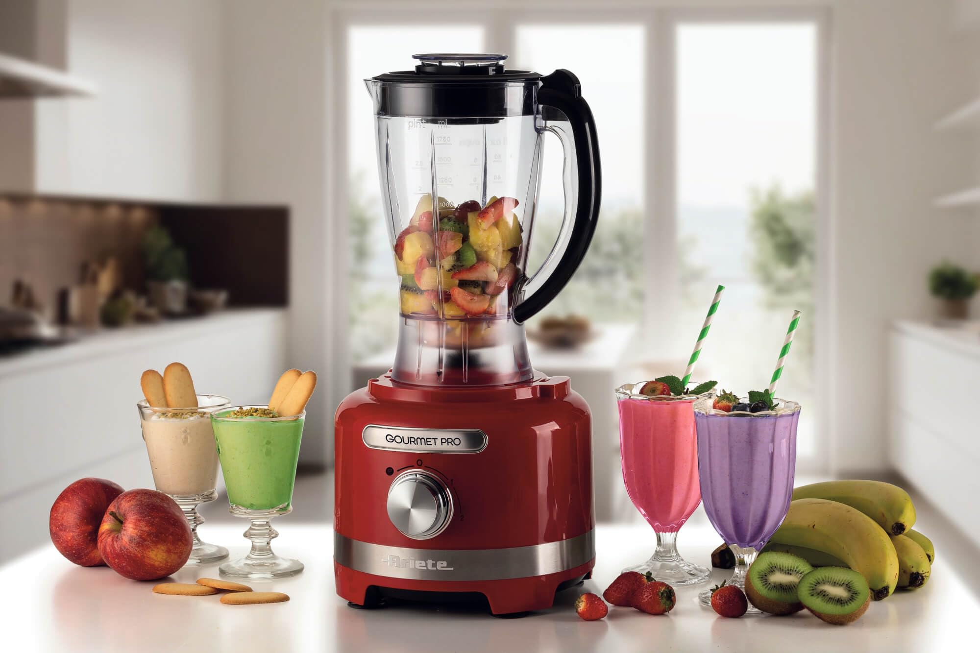 Ariete 1782 Gourmet Pro Moderna, Robot da cucina, Tritatutto 3L, Frullatore 2L, 2 velocità + Pulse, Set di lame + Disco in acciaio inox, Accessorio spremiagrumi, Rosso