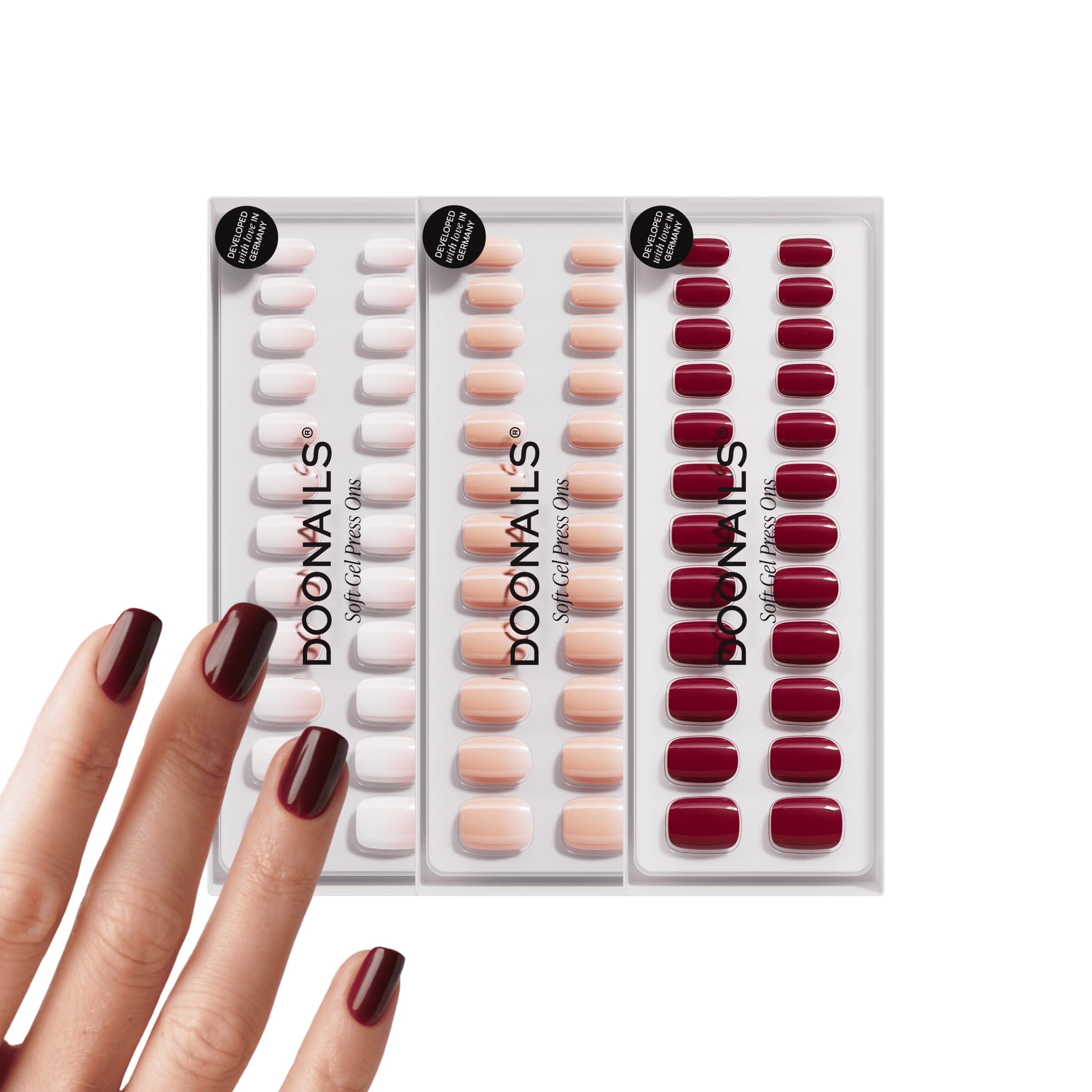DOONAILS Press-On Nails 3×30 Stück – Favorit Color Set: Babyboomer, Latte & Love Paris – Soft Gel, Short Square, Full-Cover Nägel zum Aufkleben in Salonqualität
