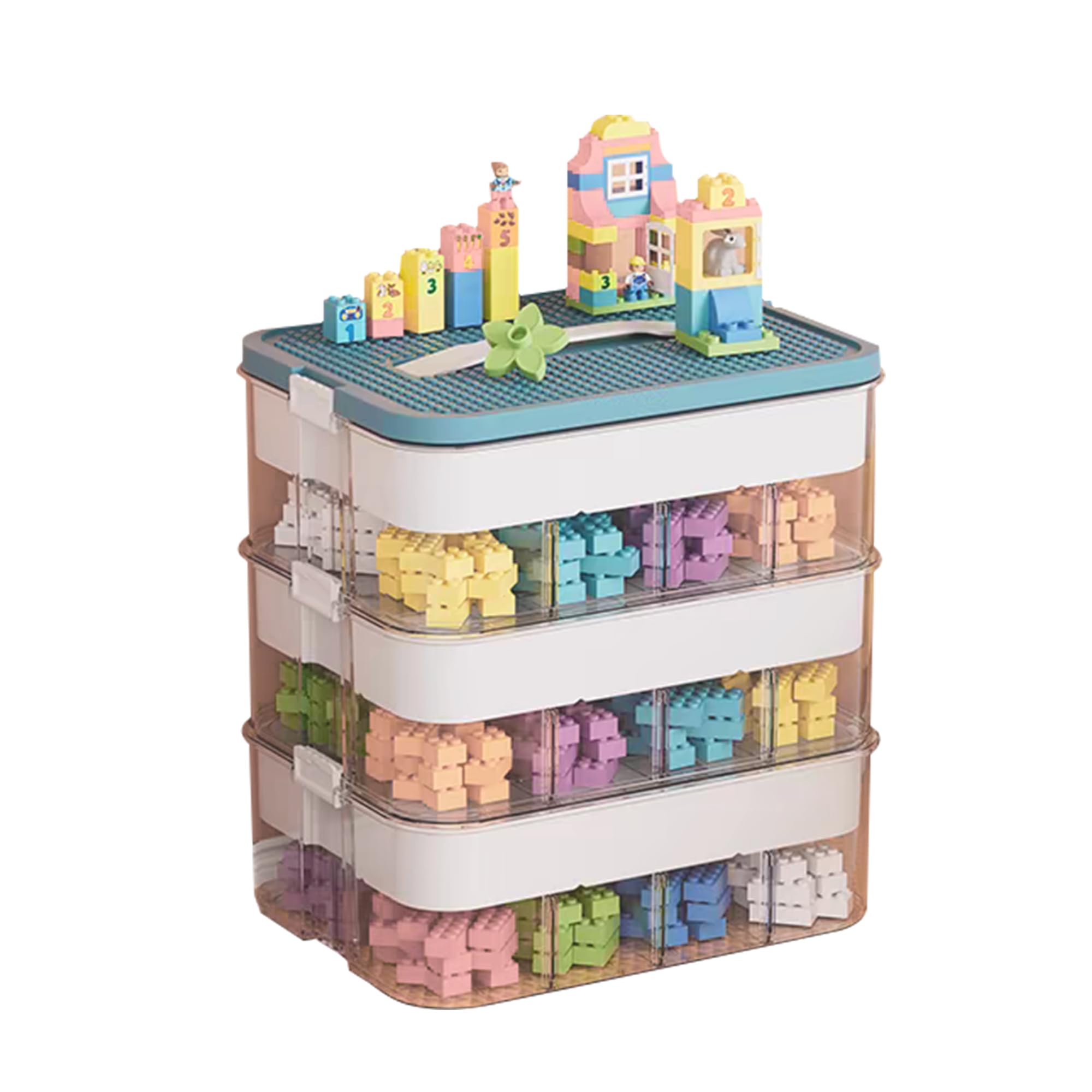 Kinder Aufbewahrungsbox mit Deckel für Lego Bausteine Aufbewahrungsfächer Stapelboxen Spielzeugaufbewahrung Stapelboxen Kunststoff Sortieren Kleinteile Transparent Organizer 3 Lagen Blaue Farbe
