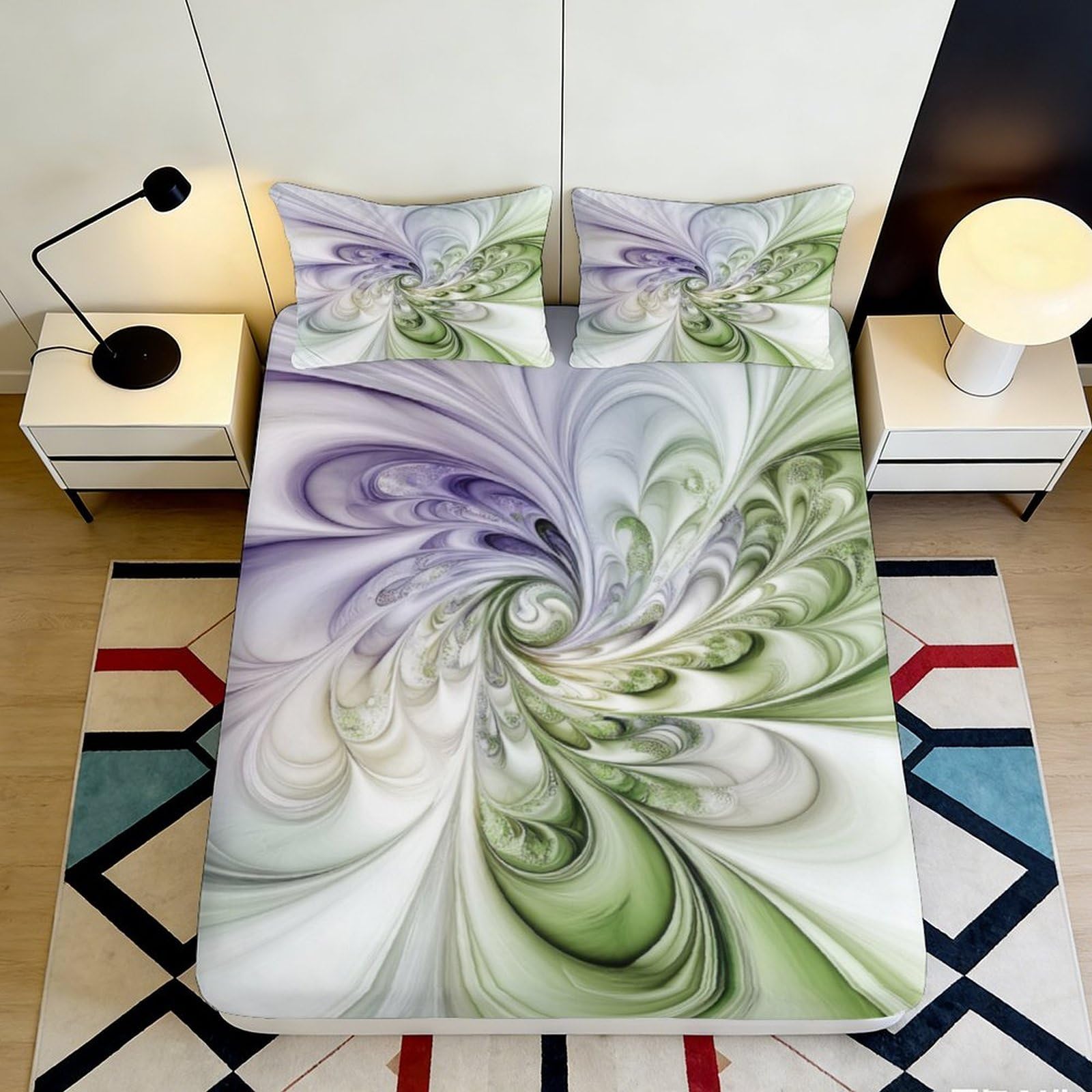 Jqzkxnhpbr Style-6 3D Printed Swirl Art Fitted Sheet Microfiber Soft Green Purple Abstract Bed Cover For Bedroom Guest Room Decor 90X200x25cm