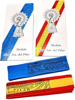 Genérico Pack de 2 tallas originales de Nuestra Señora del Pilar: Bandera de España y Azul Intenso. Úsalas como adorno y símbolo de fe. Cinta.
