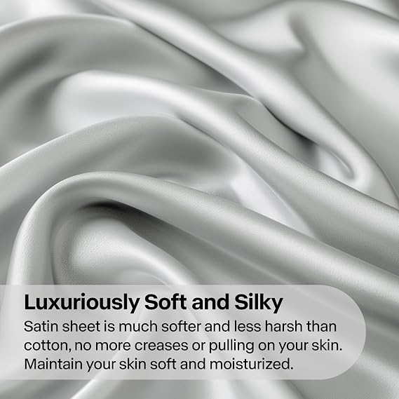 BEDELITE King Size Sheets Set, Luxury Soft Grey Satin Sheets for Hair and Skin, Similar to Silk Bed Sheets Set 4 Pieces with 1 Deep Pocket Fitted Sheet, 1 Flat Sheet, and 2 Pillowcases