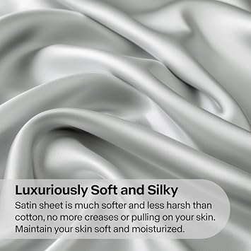 BEDELITE King Size Sheets Set, Luxury Soft Grey Satin Sheets for Hair and Skin, Similar to Silk Bed Sheets Set 4 Pieces with 1 Deep Pocket Fitted Sheet, 1 Flat Sheet, and 2 Pillowcases
