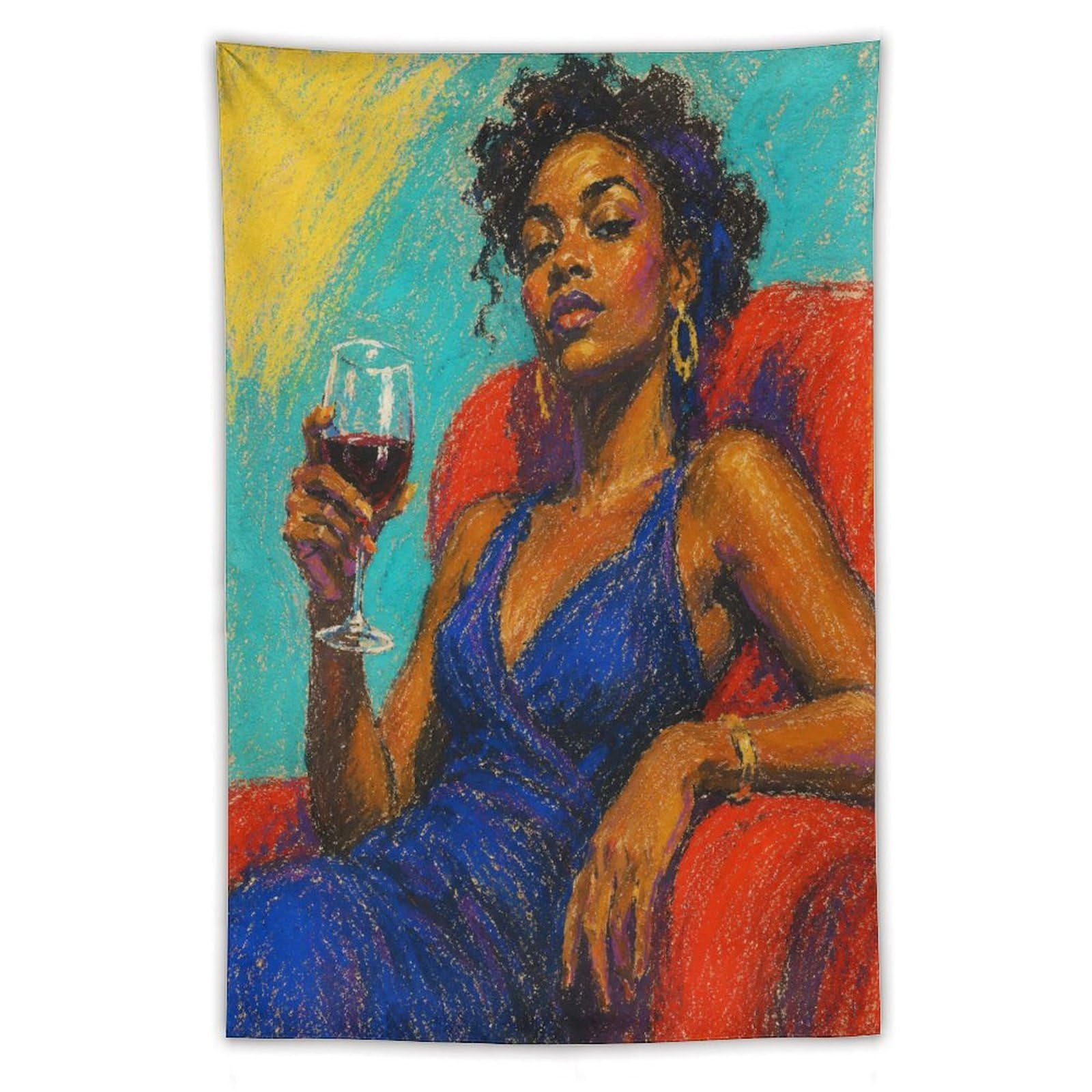 W7C8U2X3 Black Woman in Blue Dress Wall Tapestry, Oil Painting, Backdrop