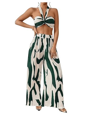 OYOANGLE Women's 2 Piece Outfits Graphic Print Knitted Crop Halter