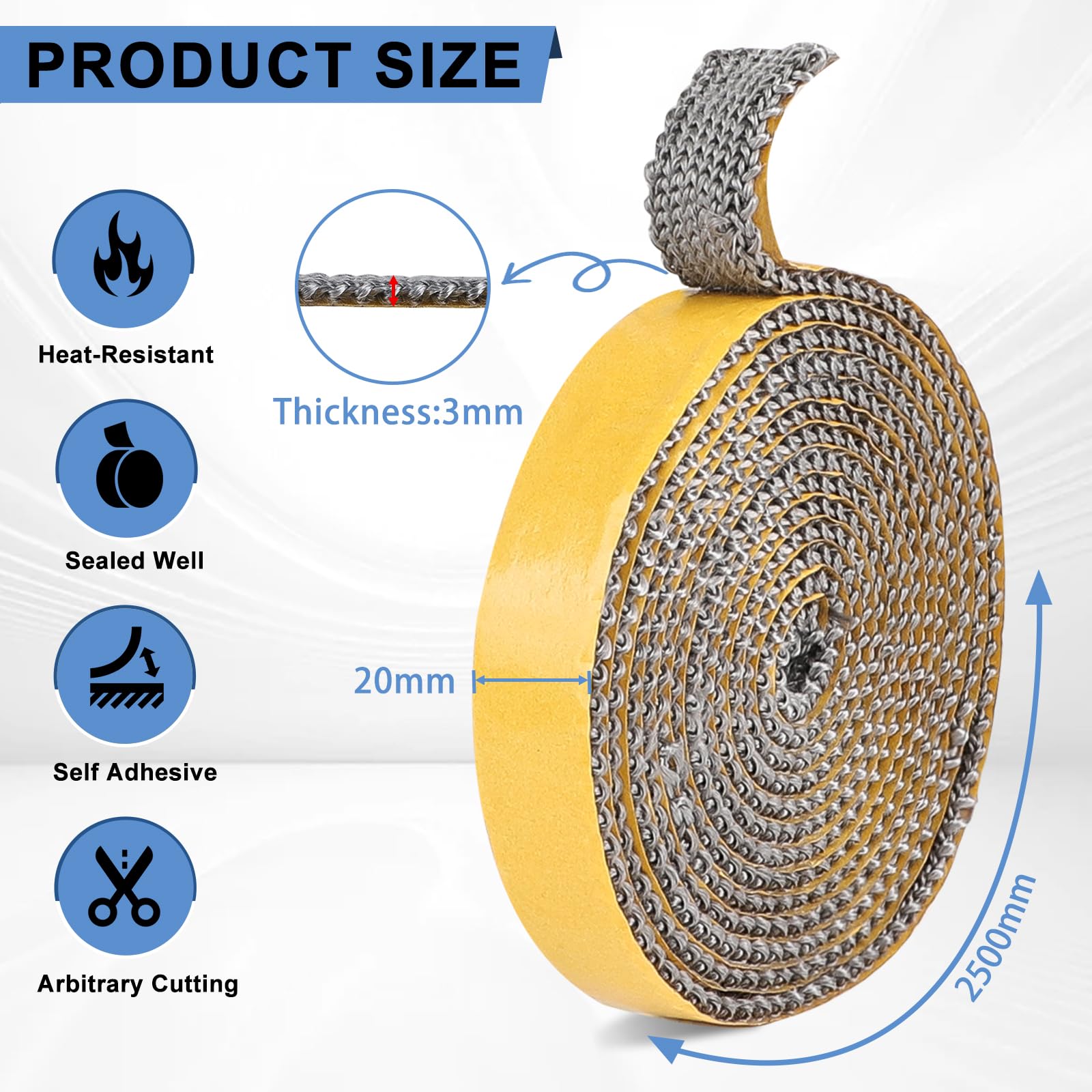 1 Pezzo Guarnizione Stufa a Legna 3 mm x 20 mm x 2.5 m, Alta Temperatura, Camino Guarnizione Fibra, Forno per Stufa, Caminetti, Porta del Forno