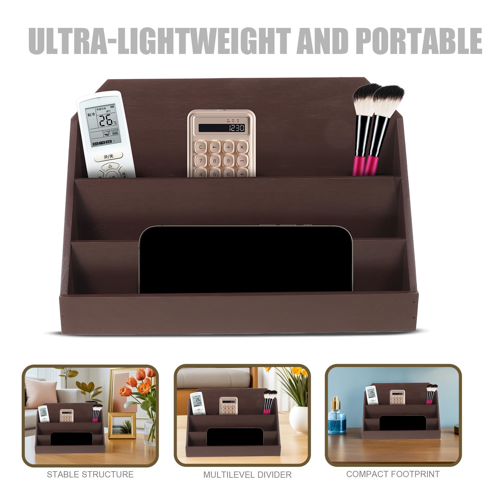 Abaodam Tarjetero de Mesa de Madera Café, Soporte Vertical de 3 Niveles | Tarjetas de Visita y Negocio, Diseño Divisor Multinivel, Formato Compacto para Escritorio y Oficina