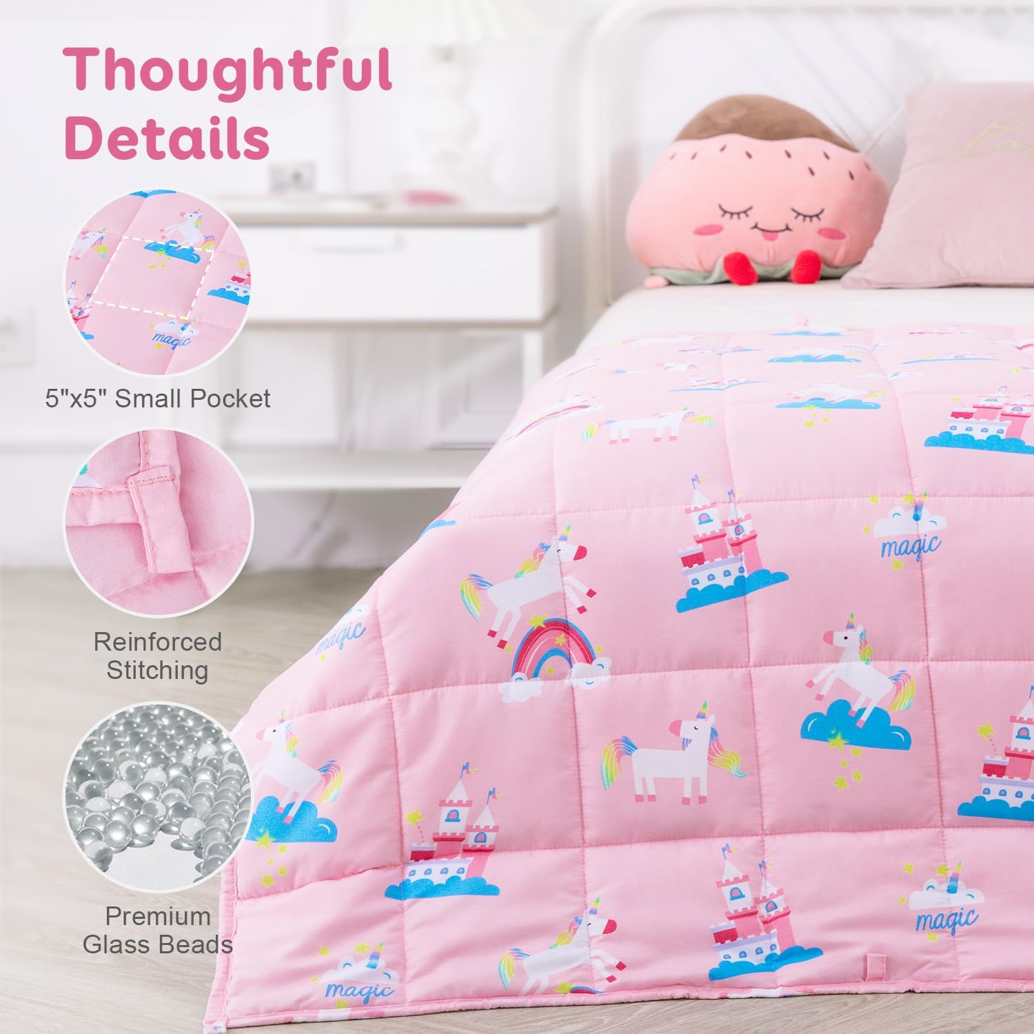 Kivik Weighted Blanket 3 lbs, Breathable Small Heavy Throw Blankets, Sleeping & Calming for Bed Couch Home School, Machine Washable, Cooling Soft Microfiber, 36x48 Inches, Pink Unicorn - Image 5