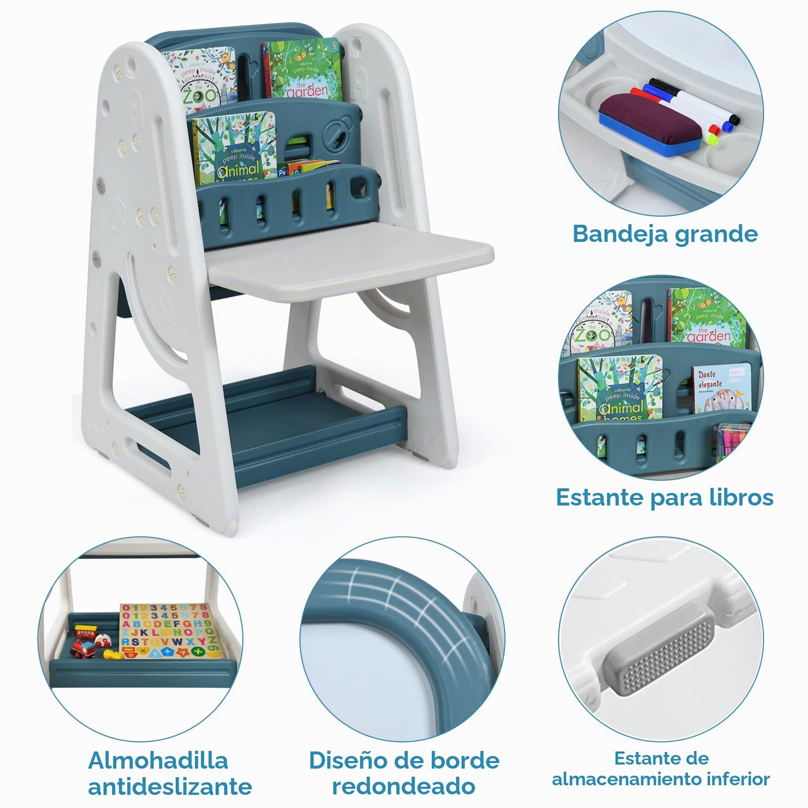 LIFEZEAL Juego de mesa con caballete magnética y librería, mesa con pizarra blanca, escritorio infantil con tabla plegable de dibujo, caballete ajustable con silla ergonómica para niños 3 años+ (Azul)