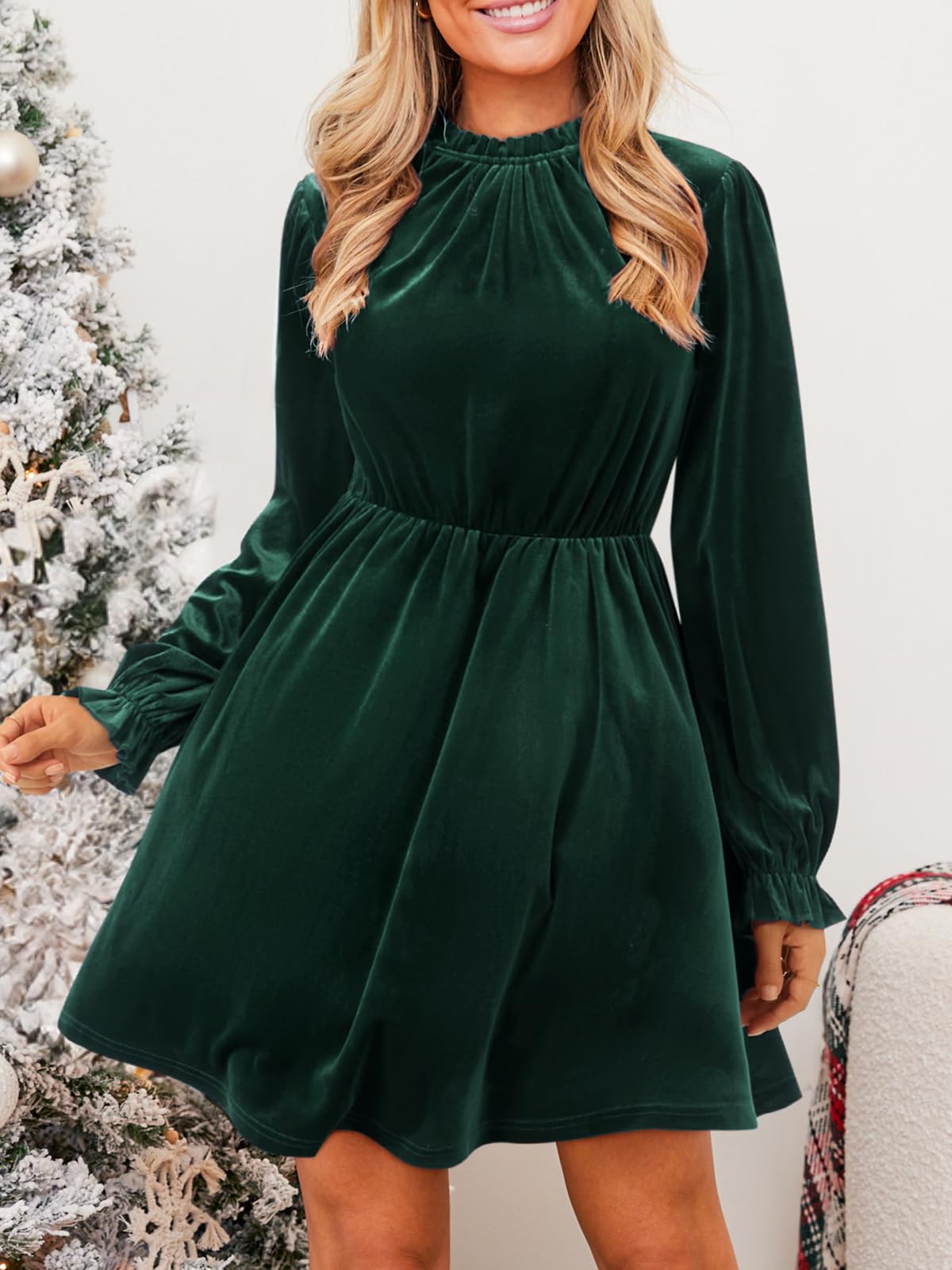 CUPSHE Damen Samtkleid Stehkragen Langarm Rüschen Elegant Partykleid