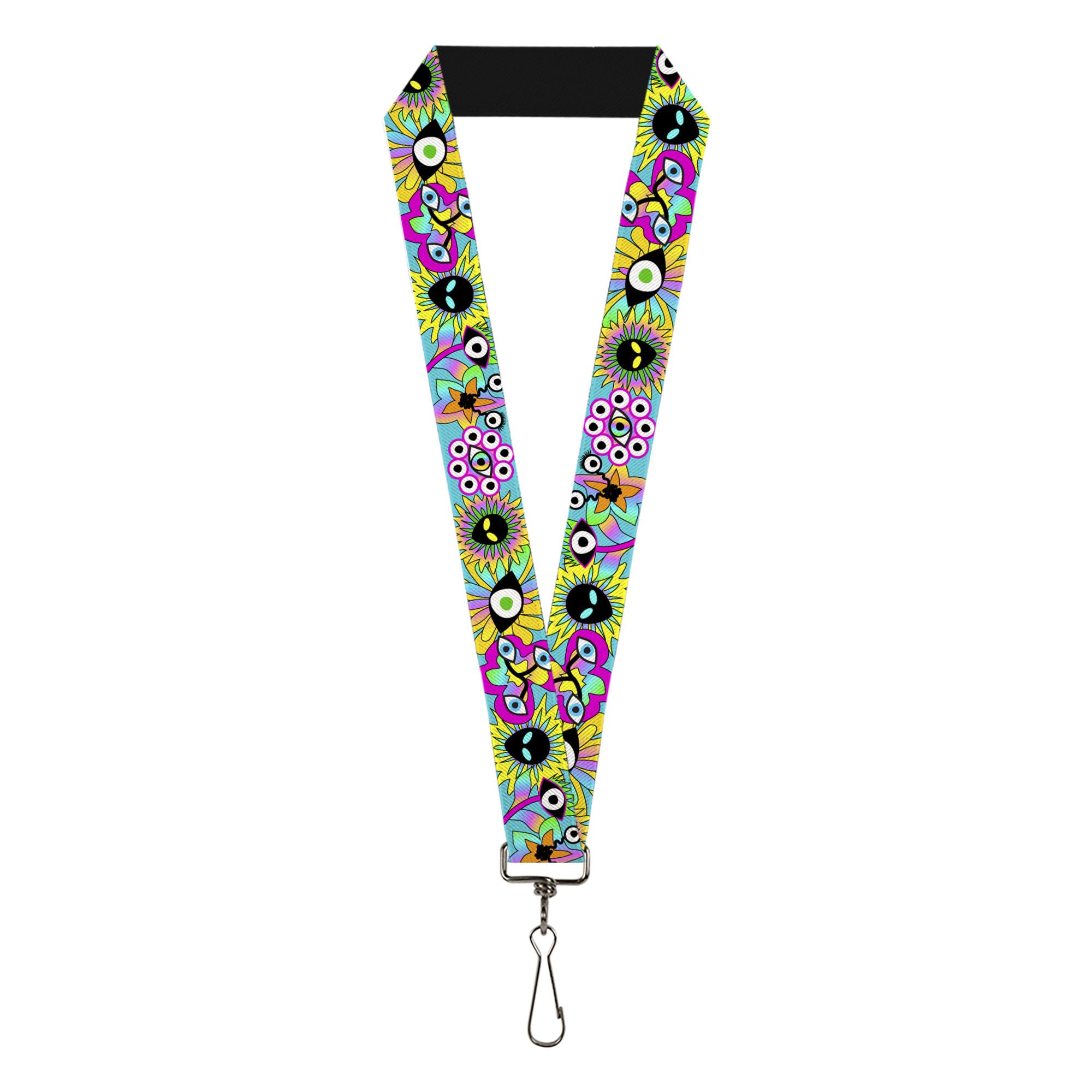Buckle-Down Lanyard, Funky Alien Flowers Aqua Blue Multi Color, Elastic