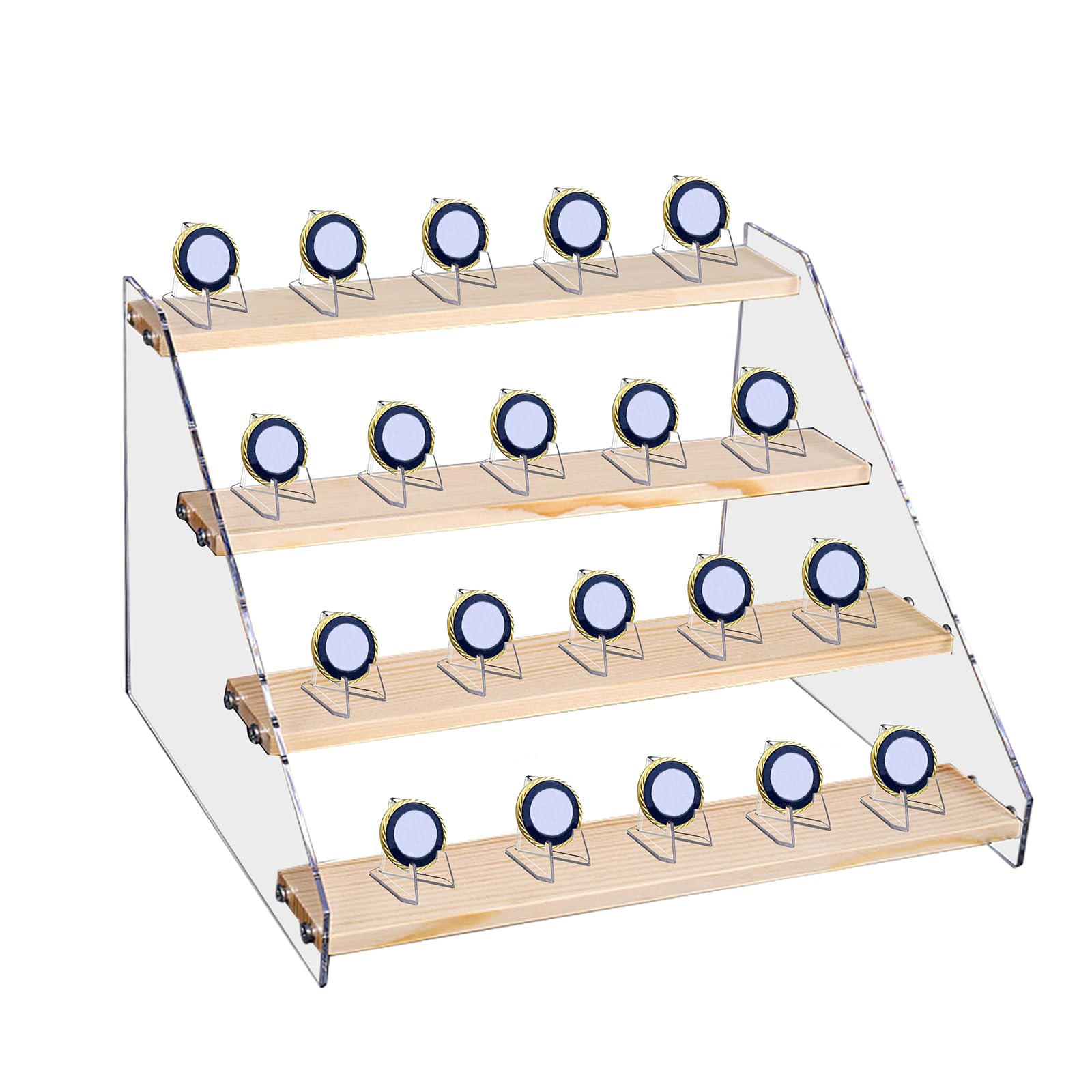 JoyHuaTrade 4 Tier Challenge Coin Display Stand with Mini Clear Holder, Holds 30 Coins Wooden Collectible Display Holder Case