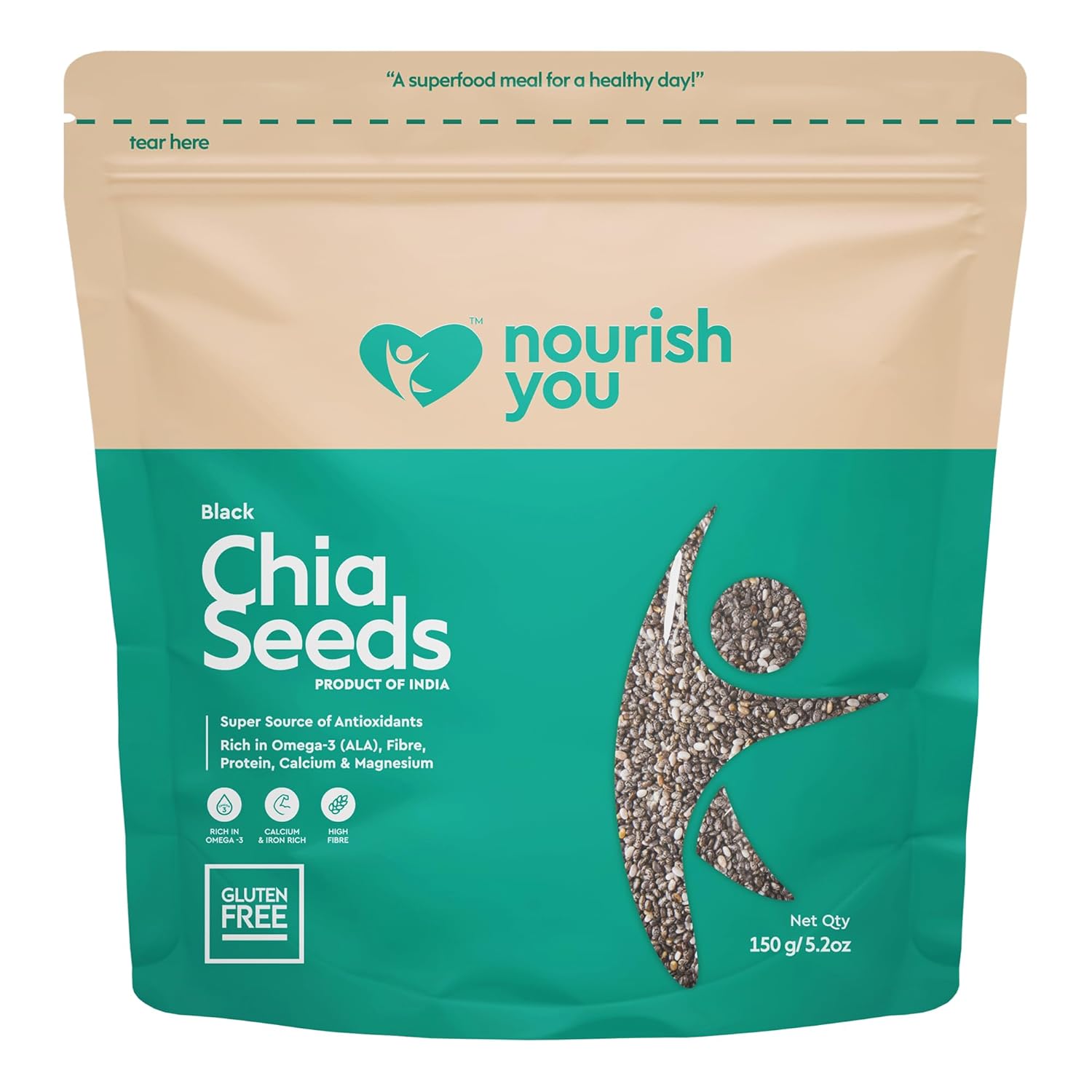 Nourish You Chia Seeds 150g – 100% Clean Seed for Eating | Helps in Weight Management | Rich in Calcium, Protein & Fiber, Omega 3 and Antioxidant | Healthy Snacks