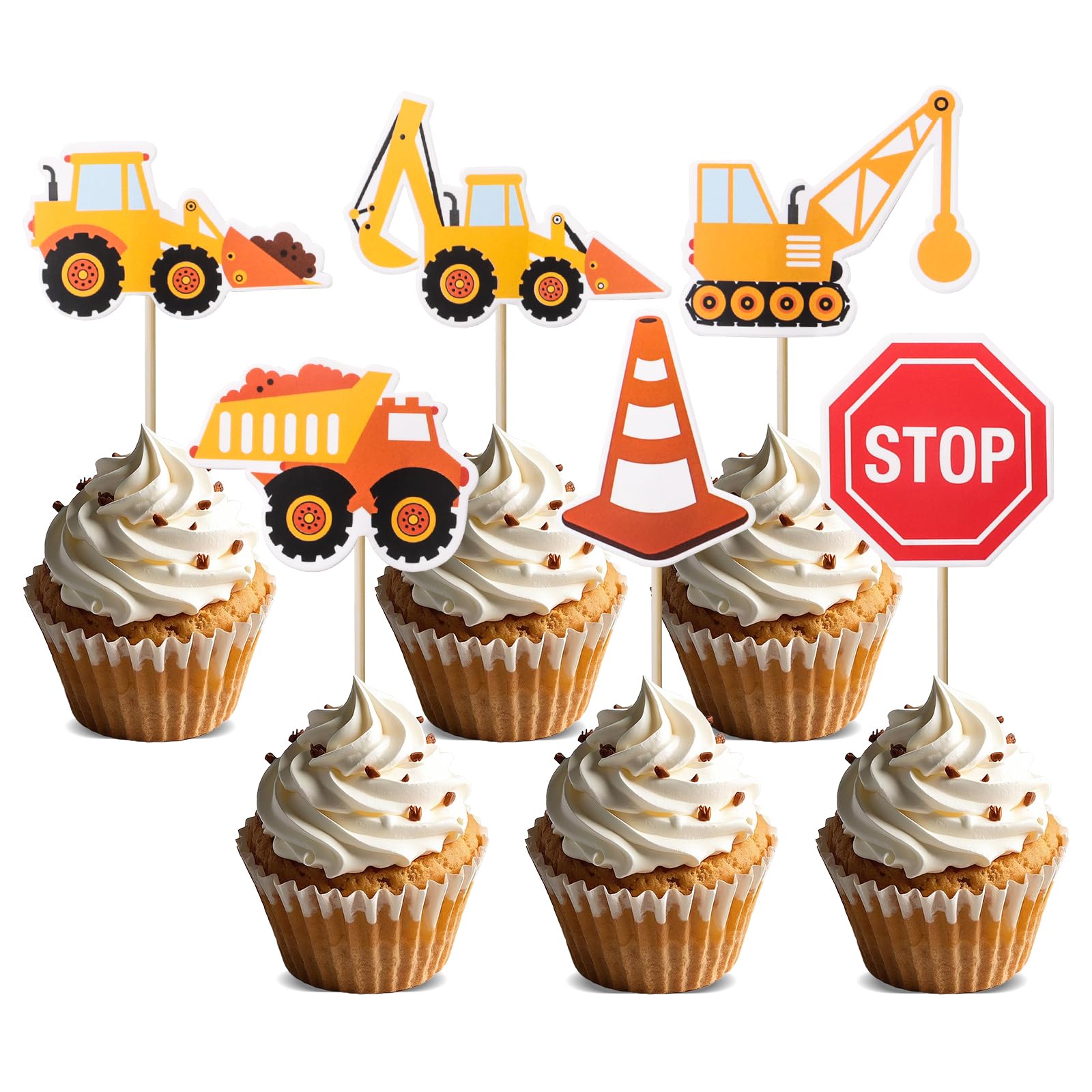 24 PCs Construction Cupcake Toppers Stop Sign Dump Truck Excavator Roadblock Tractor Party Cake Food Picks Decorations for Party Supplies (Construction)