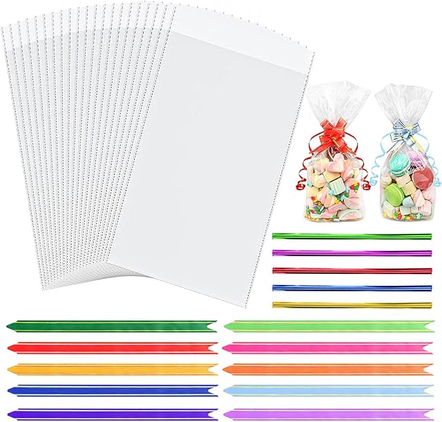 Cellophane Bags,100pcs (6 x 10 Inches) Cellophane Bags with 100pcs Colorful Pull Bows & 100pcs Colorful Ties,Flat Bottom Sweets Clear Bags for Gifts Packaging of Christmas, Halloween, Birthday.
