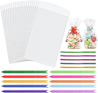 6x10 Inch Cellophone Bags,100 Colorful Pull Bows and 100 Ties, Perfect for Candy, Cookies, Christmas and Birthday Gifts