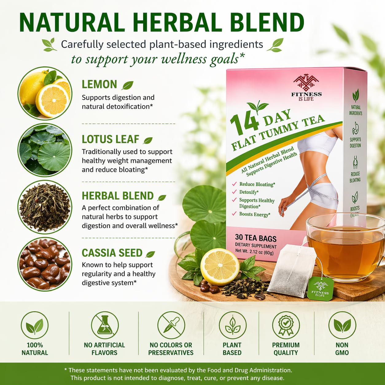 Fitness Is Life 14-Day Flat Tummy Herbal Tea, Green Tea and Botanical Blend, 30 Tea Bags — Amazon image 4