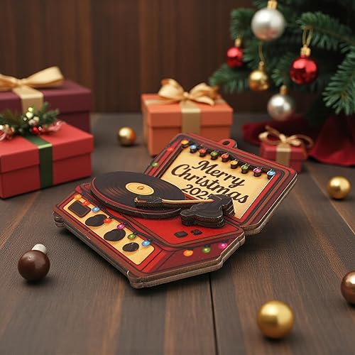 Miniatura 7 de Adorno de tocadiscos de Navidad, madera 3D de disco de vinilo retro, adornos de Navidad 2025 para árbol de Navidad, decoración de Navidad de los