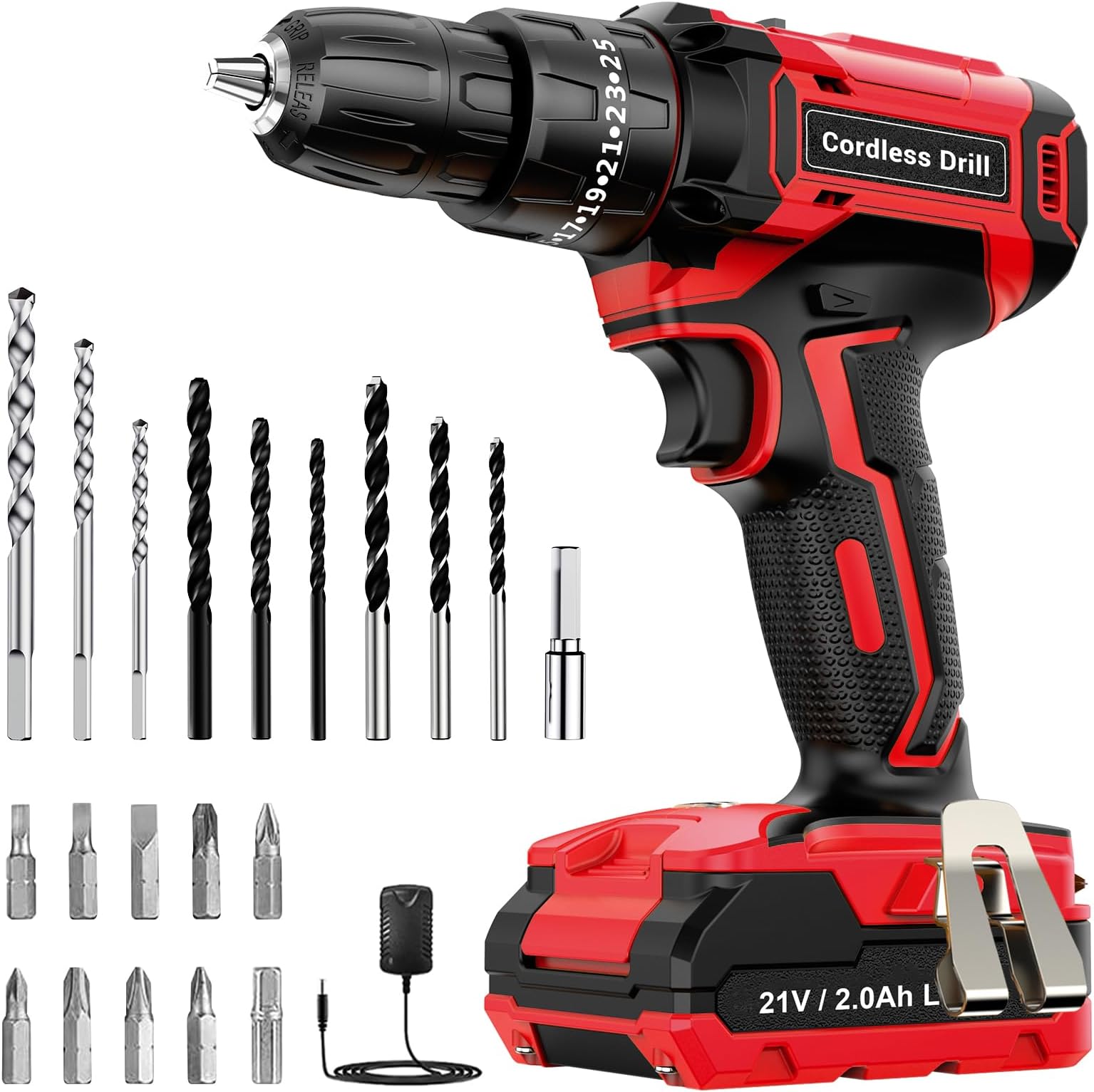 Cordless Drill 21V, LEEIKOO Electric Drill 42N.m, 25+3 Torque Set, 2-Speed, LED Light, 2.0AH Battery, 24PCS Cordless Hammer Combi Set for Home and Garden DIY Project - Red