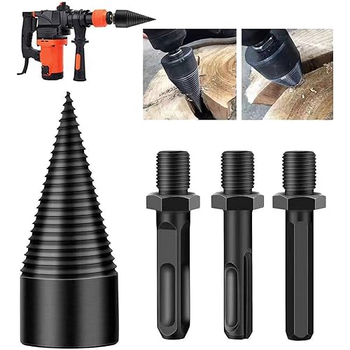 4PCS Firewood Log Splitter, Firewood Drill Bit Wood Splitter 32mm, 3 Handles Round+Square+Hex, Detachable Log Splitter Electric Drill Bits