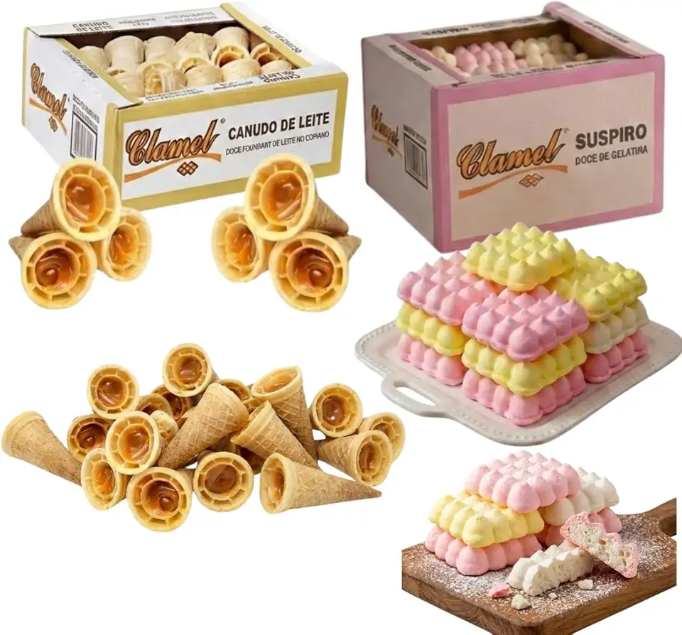Kit Festa Doces Suspiros de Gelatina 50Un e Canudos de Wafer Recheados de Doce de Leite Cremoso 50Un Tradicional