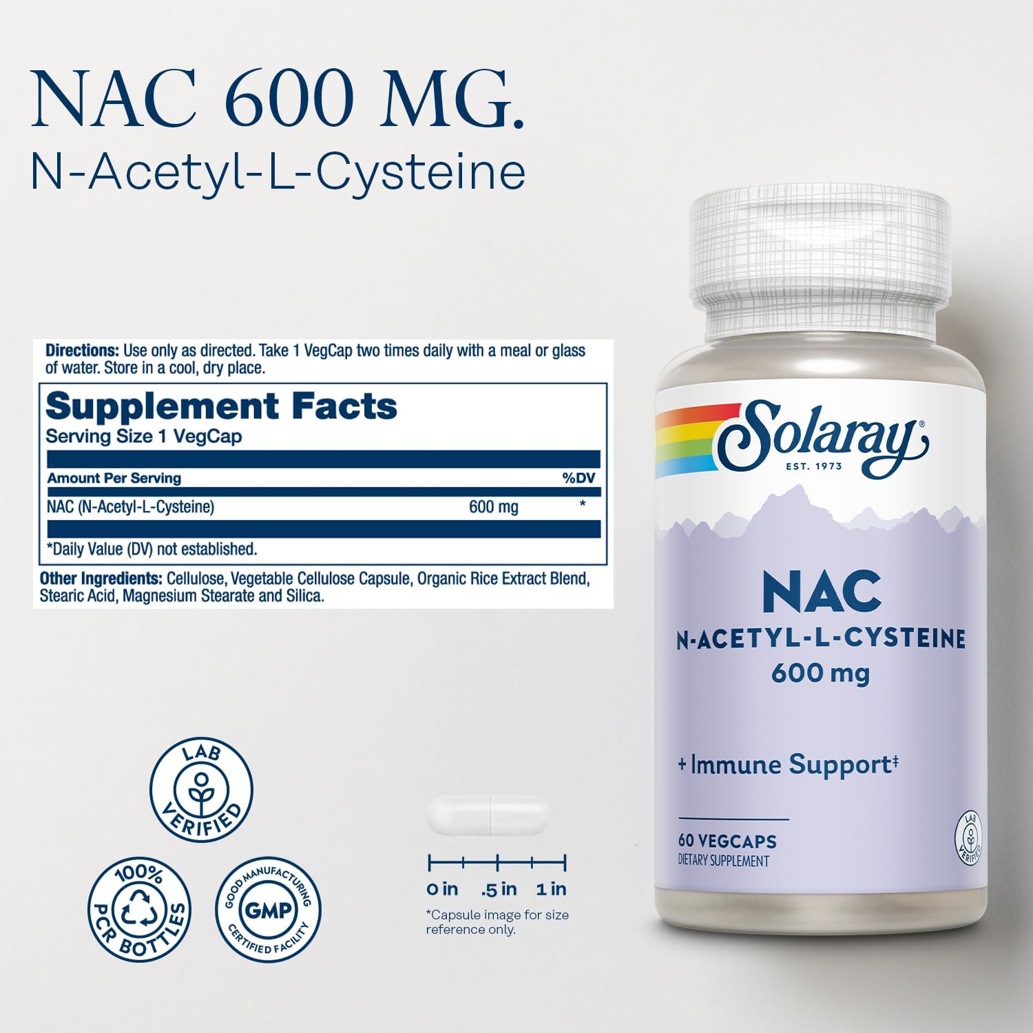 SOLARAY NAC Supplement N-Acetyl L Cysteine for Men & Women - Precursor to Glutathione & Amino Acid Support for Cellular Health, NAC Capsules 600 mg, Antioxidant Support for Immune Health - 60 Veg Caps