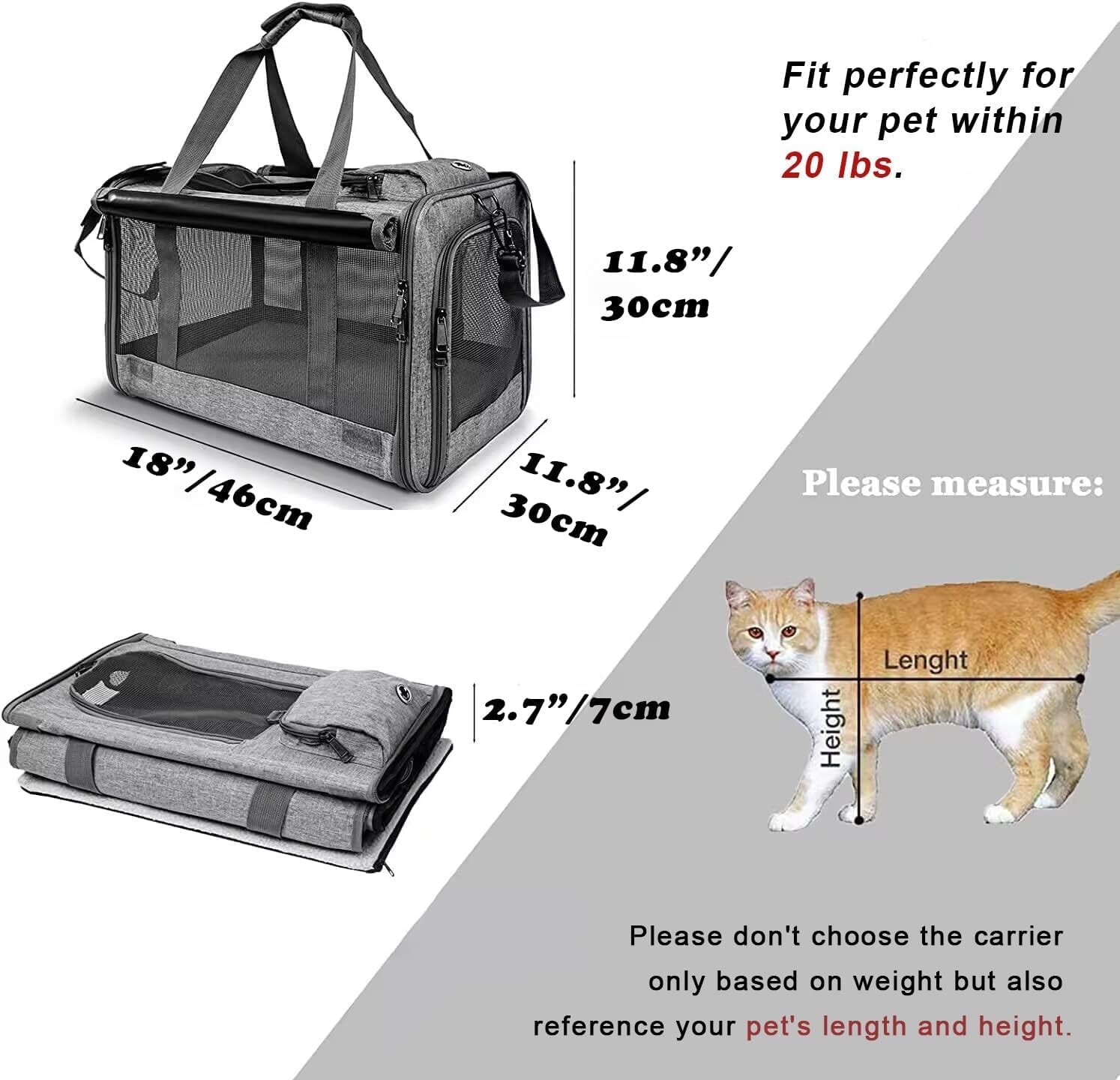 Pet Carrier for Large Cats, Soft-Sided Cat Carrier for Medium Big Cats and Puppy up to 20lbs, Washable Dog Carrier Privacy Protection for Home Outdoor Travel（Large,Grey）