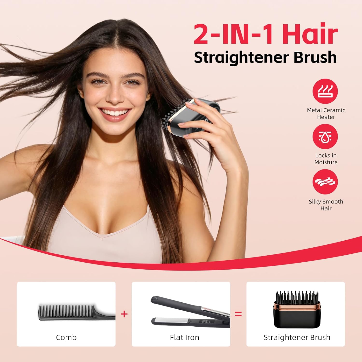 2026 Upgraded Mini Hair Straightener Brush - 3 Modes Cordless Hair Straightener Brush for Women with 300 Million Negative Ionic - Portable Flat Iron Brush for Short/Long Hair Comb Wireless Go Travel