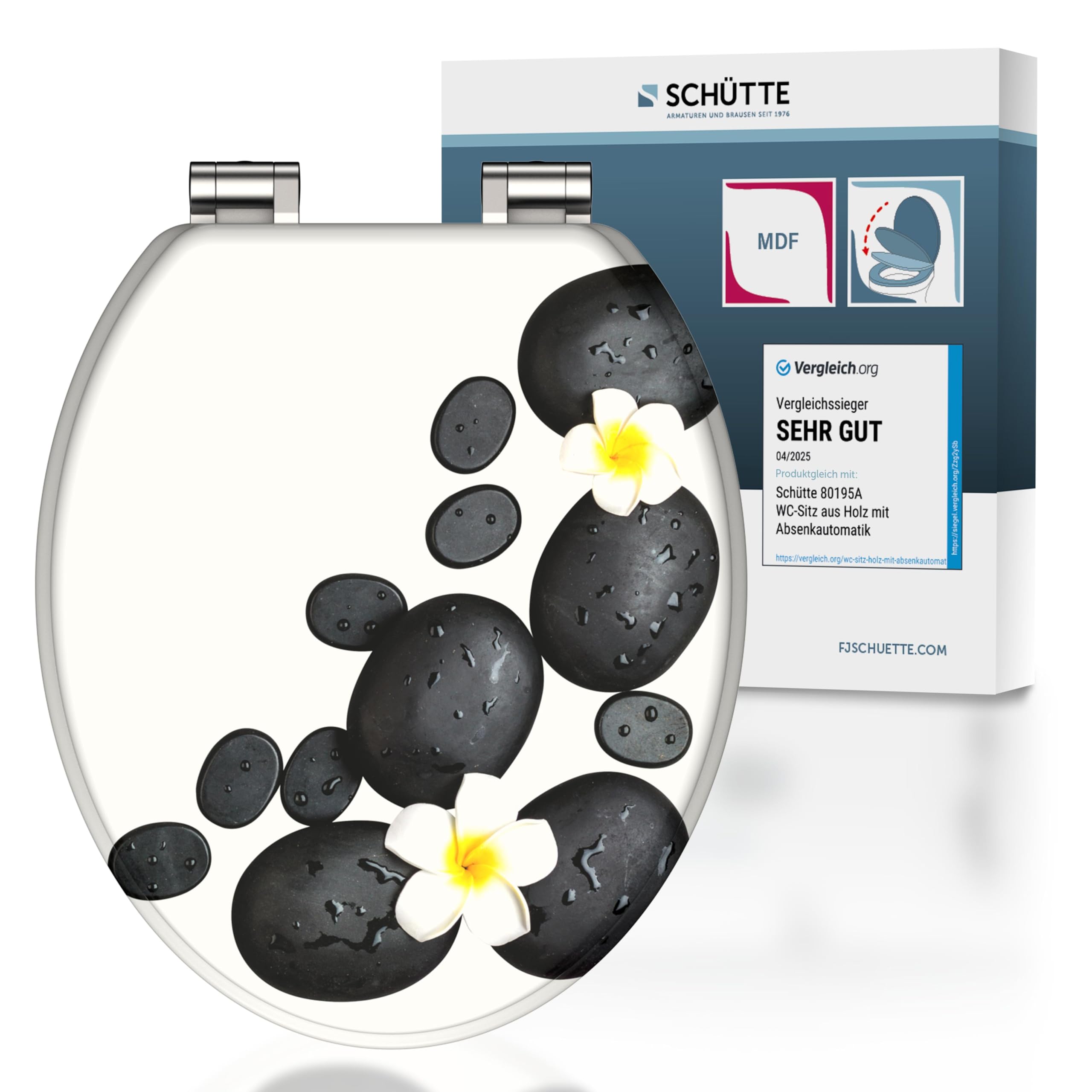 SCHÜTTE Stone Toilet Seat with Soft-Close Mechanism Made of Wood, Toilet Seat with Toilet Lid, Wooden Core Toilet Lid with Motif (Maximum Load of the Toilet Seat 175 kg) White