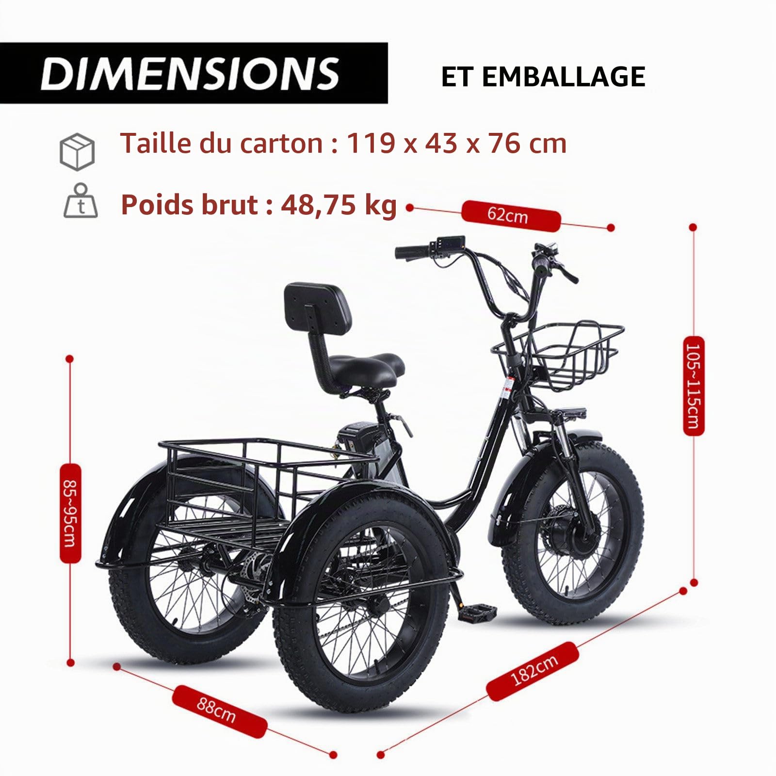 Tricycle électrique 20 Pouces pour Adultes, avec Batterie Amovible 48 V 13 Ah, Vélo électrique Motorisé avec Grands Paniers, écran LCD,Autonomie 40 Km, Tricycle Cargo électrique pour Seniors