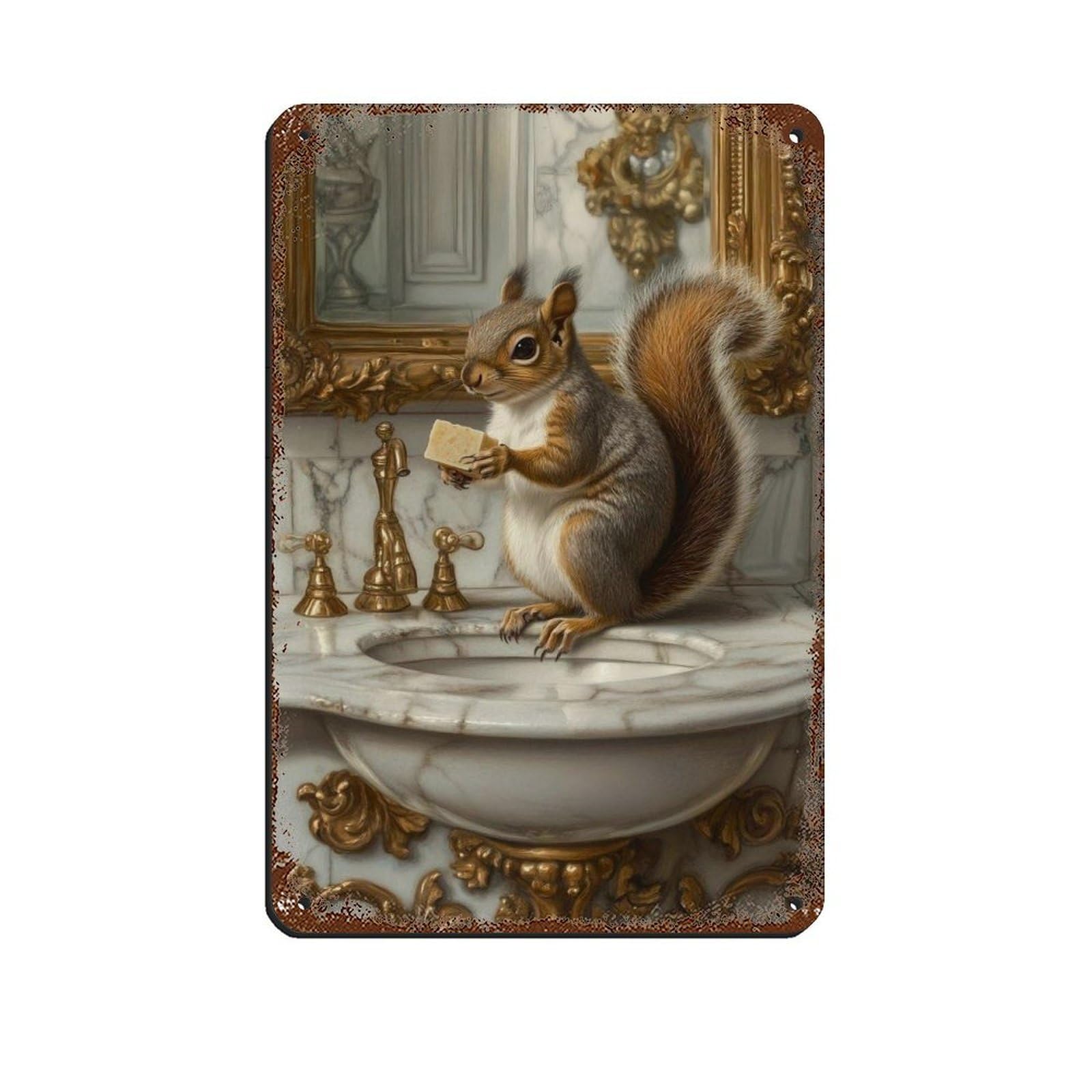 Lxwnze 20L X 30W Cm Whimsical Squirrel, Squirrel In Bathroom Tin Sign Vintage Metal Pub Club Cafe Bar Home Wall Art Decoration Poster Retro 8X12inch(20X30cm)
