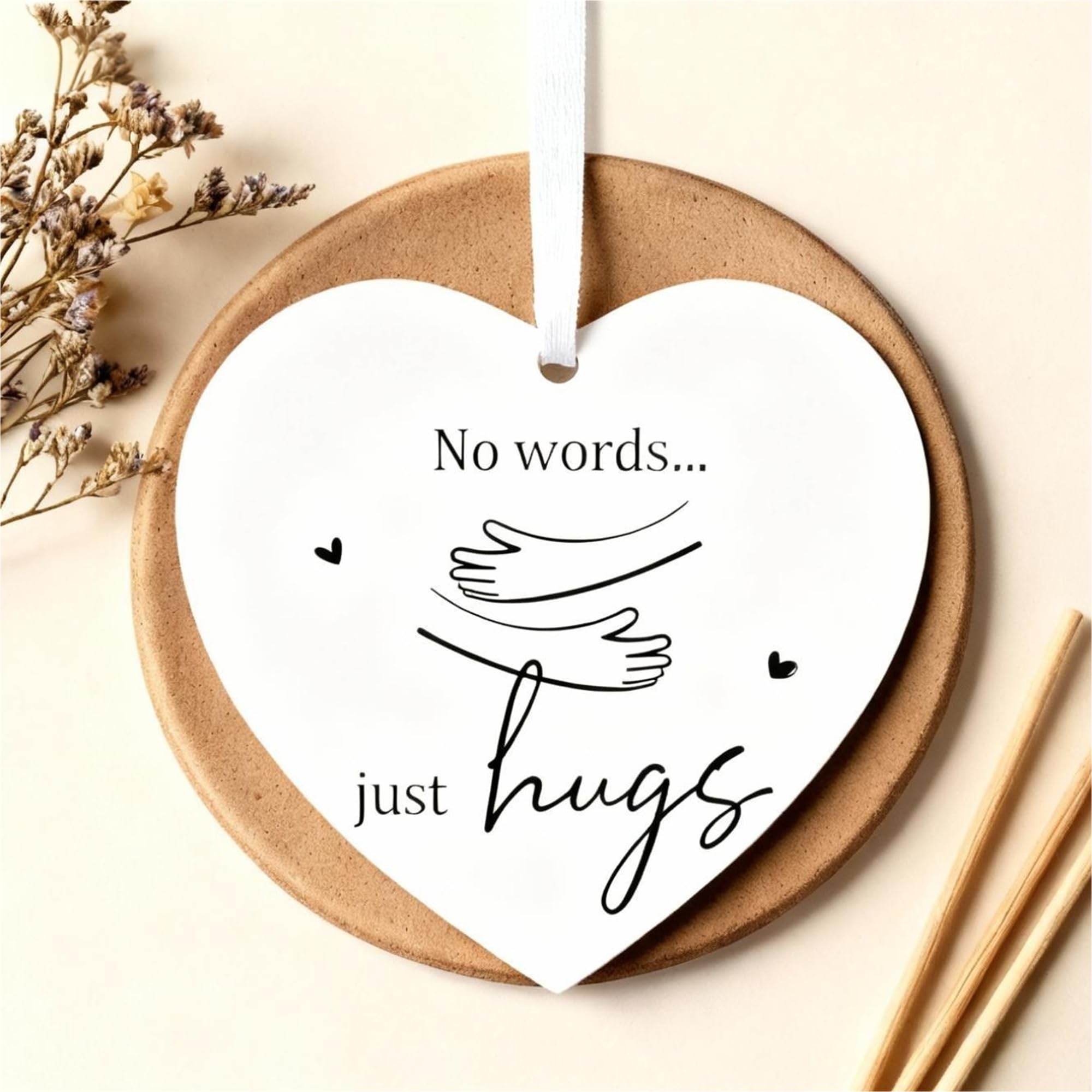 Dwuent White Memorial Gift, Sympathy Gift, Bereavement Gifts - "No Words... Just Hugs" Heart Acrylic Keepsake, Thinking Of You Comfort Token For Loss Of Loved One, Hugging Hands Design, 7.3X6.8x0.3cm