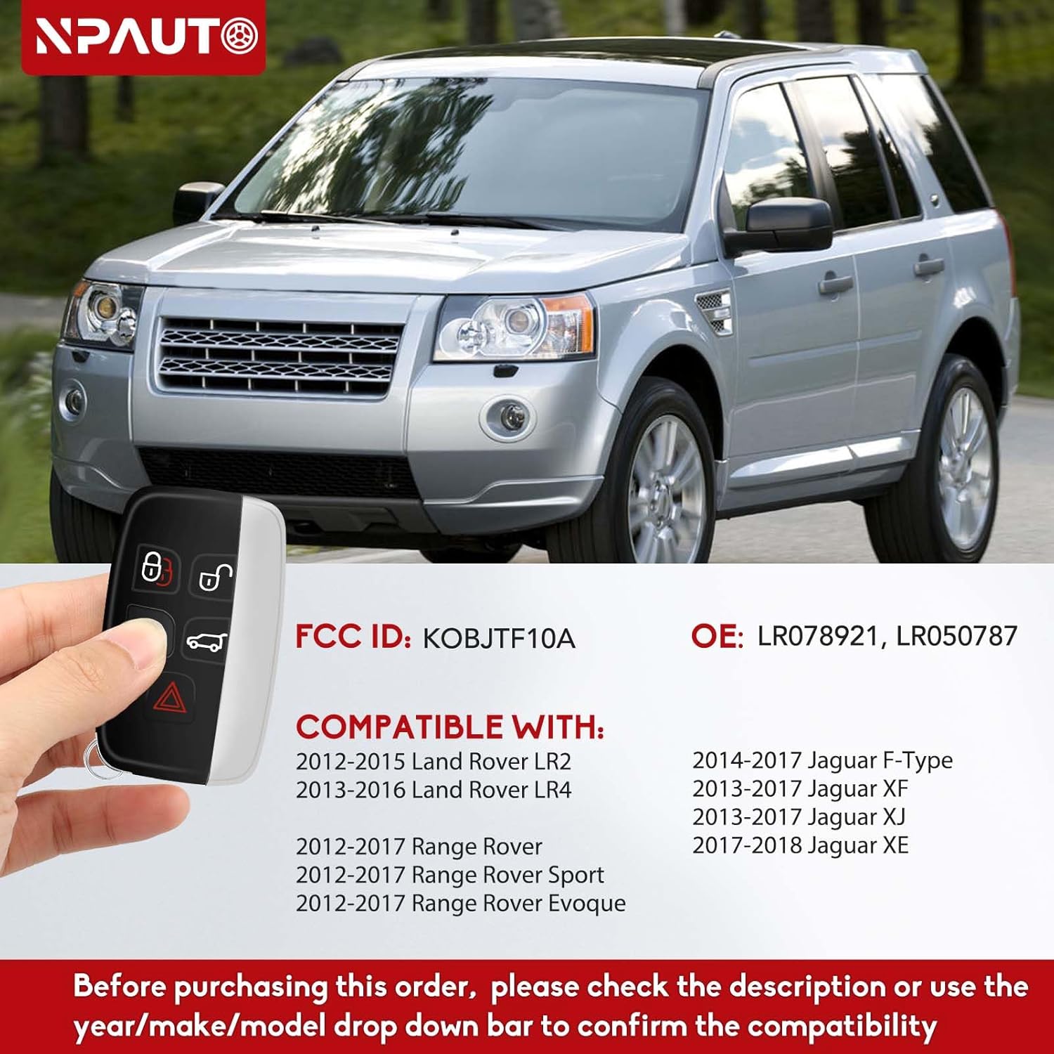 NPAUTO Key Fob Replacement for Land Rover LR4 LR2, Range Rover Sport Evoque, Jaguar F-Type XF XJ XE 2013 2014 2015 2016 2017, Smart Proximity Keyless Entry Remote Control Car Key Fobs, KOBJTF10A, 2Pcs