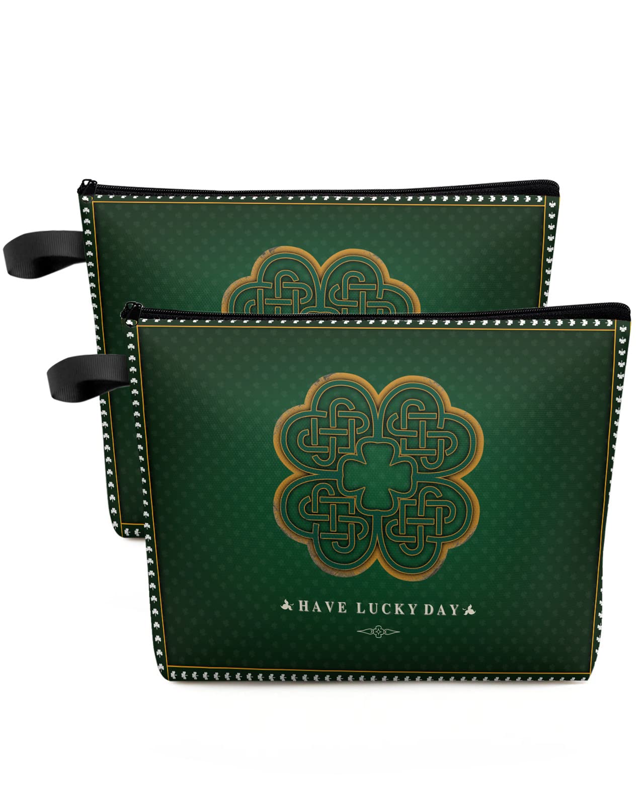 IDOWMAT Travel Makeup Bag for Women - Waterproof Cosmetic Bag Makeup Pouch - 2 Pieces St. Patrick's Day and Four-leaf Clovers with Plaid Texture Zipper Pouch Small Makeup Bag Organizer